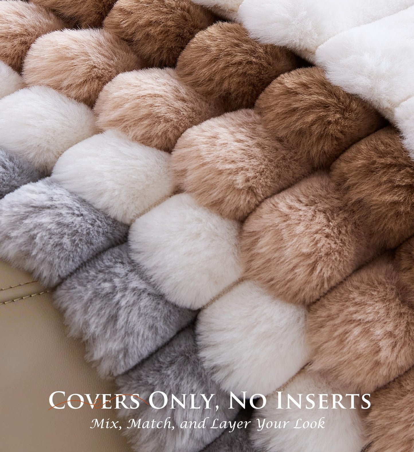 MEGAYES Set of 2 Decorative Throw Pillow Covers 18x18 Faux Fur, Soft Plush Striped Square Couch Cushion Cases with Velvet Back for Sofa Bed Living Room Modern Farmhouse Boho Euro, Neutral White