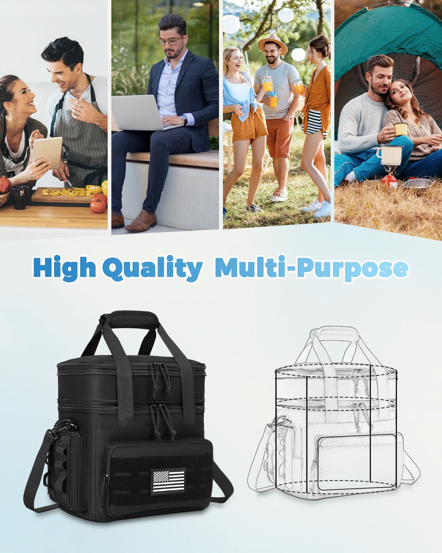 holuxer Tactical Lunch Bag & Lunch Box for Men - Large Double Deck Expandable Insulated Soft Adult Lunchbox for Work - Cooler Bag for Beach, Picnic, Camping,Outdoor，Travel (Black,16L)