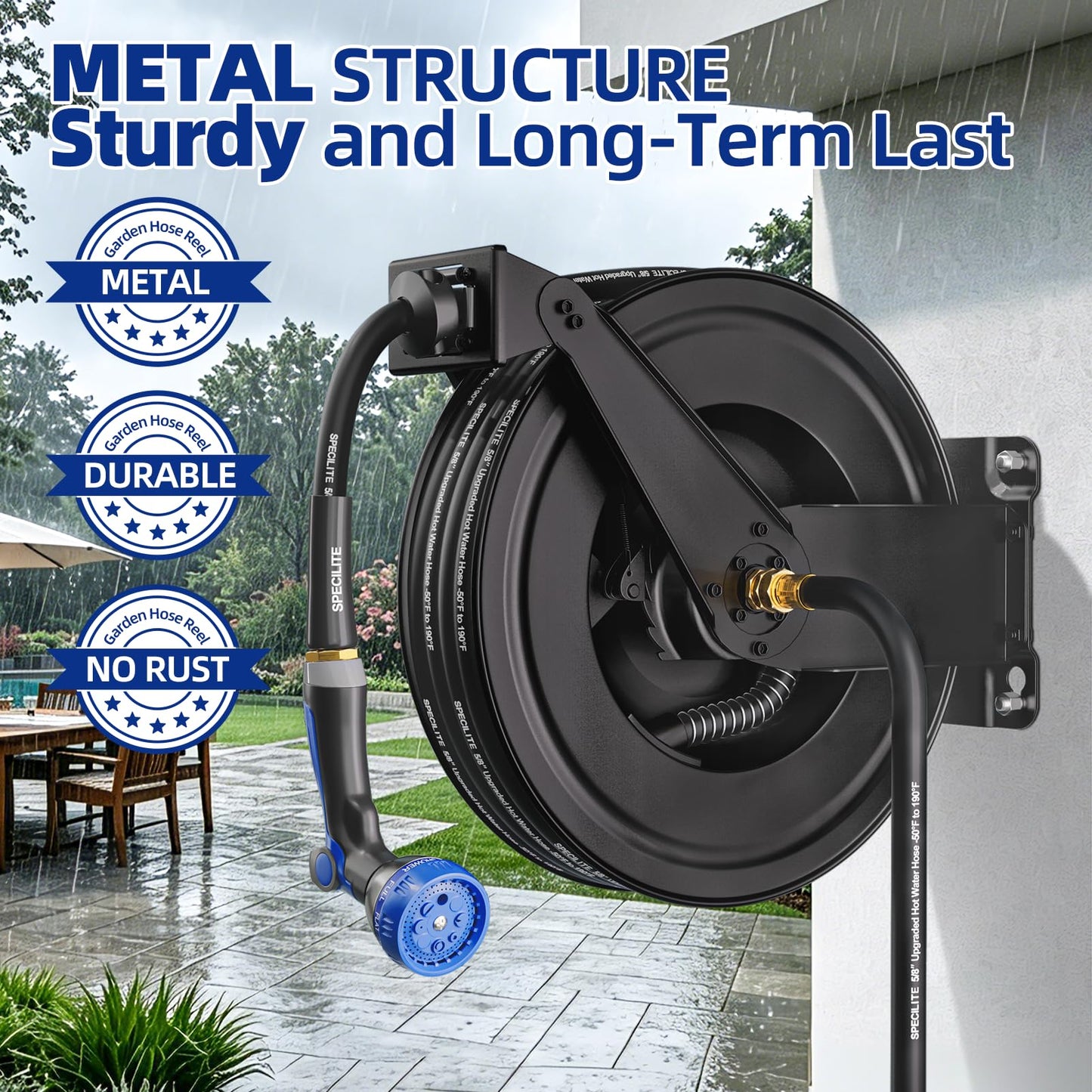 SPECILITE Hot/Cold Retractable Garden Hose Reel 50ft x 5/8'', -50℉ - 190 ℉, Wall Mount Water Pipe Spool, Heavy Duty, with 6ft Leader Hose, 8 Function Nozzle, for Backyard, Outdoor, Farm, Boat, Black
