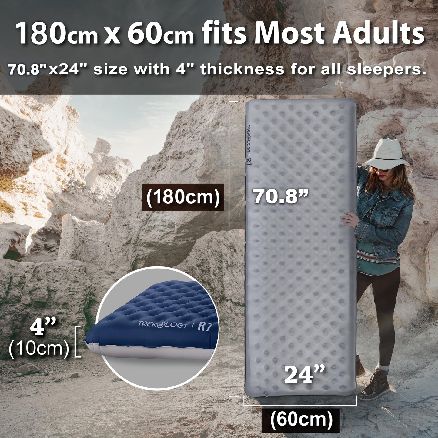 TREKOLOGY Camping Sleeping Pad with 7.2 R-Value– Ultra-Lightweight, 4" Thick Camping Mat for All Seasons – Compact, Durable & Waterproof – Ideal for Backpacking, Hiking, and Outdoor Adventures UL R7