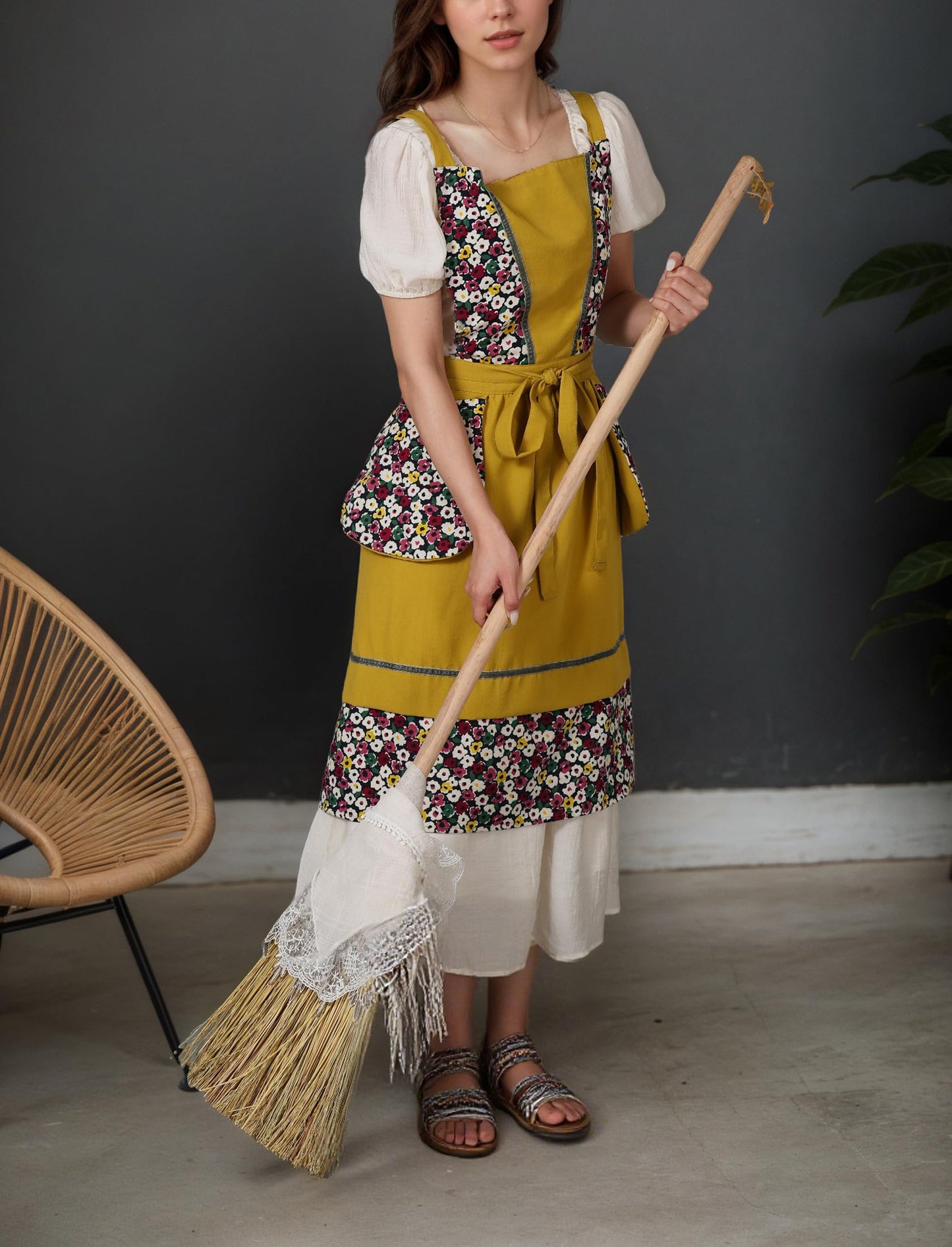 Pinknoke Kitchen Aprons for Women with Pockets Cute Floral Chef Pinafore Apron for Gardening Cooking Baking Painting (Mustard)