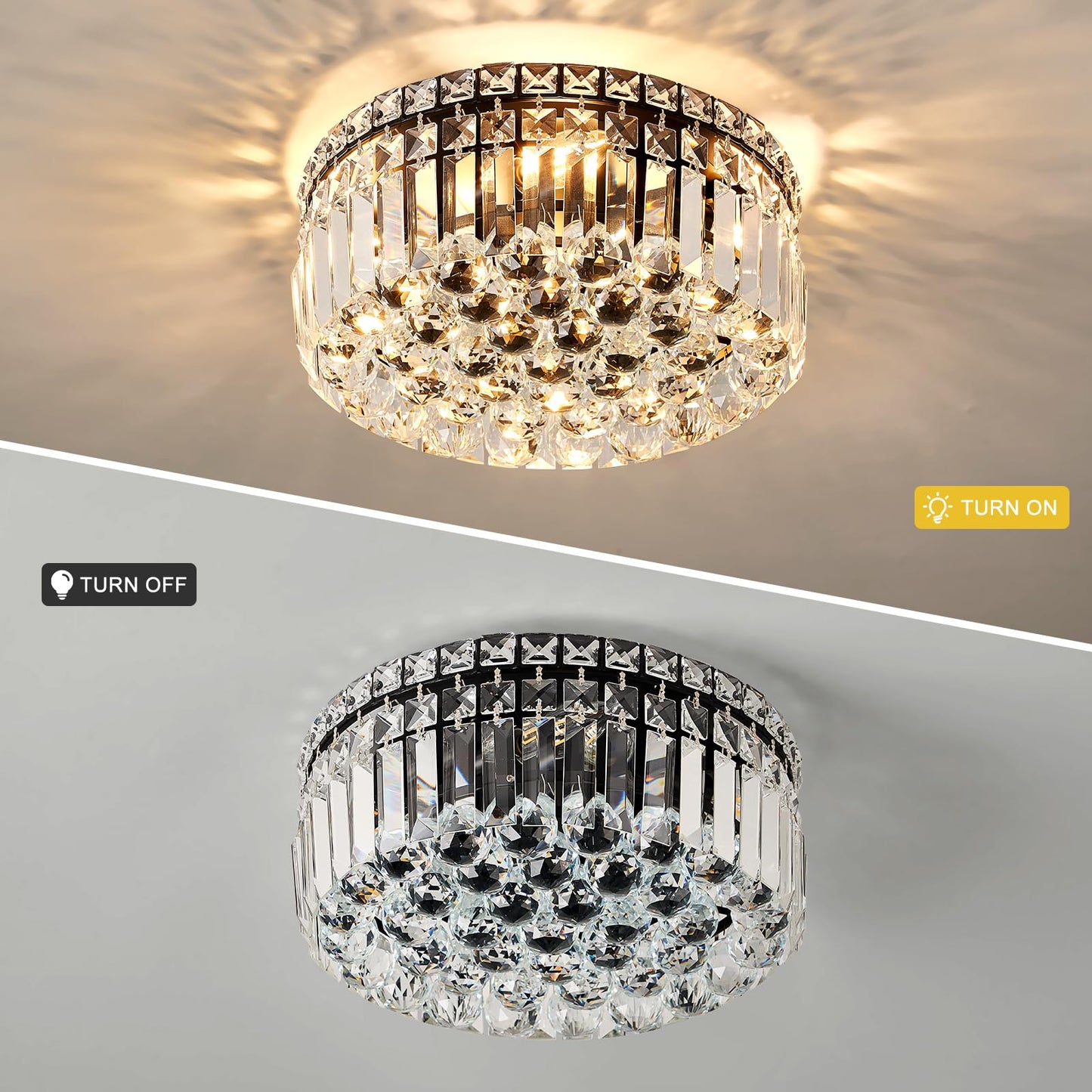 CEENLI 4-Light Black Crystal Chandeliers Flush Mount Chandelier Light Fixture with K9 Crystals Modern Ceiling Lights Elegant Round Lamp for Bedroom,Hallway,Bar,Living Room,Dining Room,H5.9 xW13.7