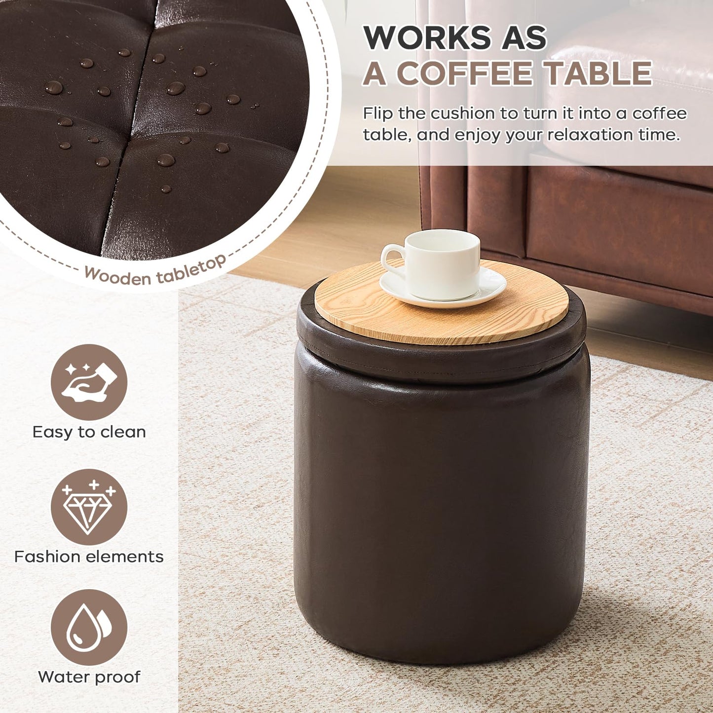 oakvivo Round Set of 2 14.76" L x 14.76" W x 17.32" H Faux Leather Ottoman with Storage, Small Foot Rest Storage Ottomen with Lid Living Room, Bedroom Vanity Stool Chair, Coffee