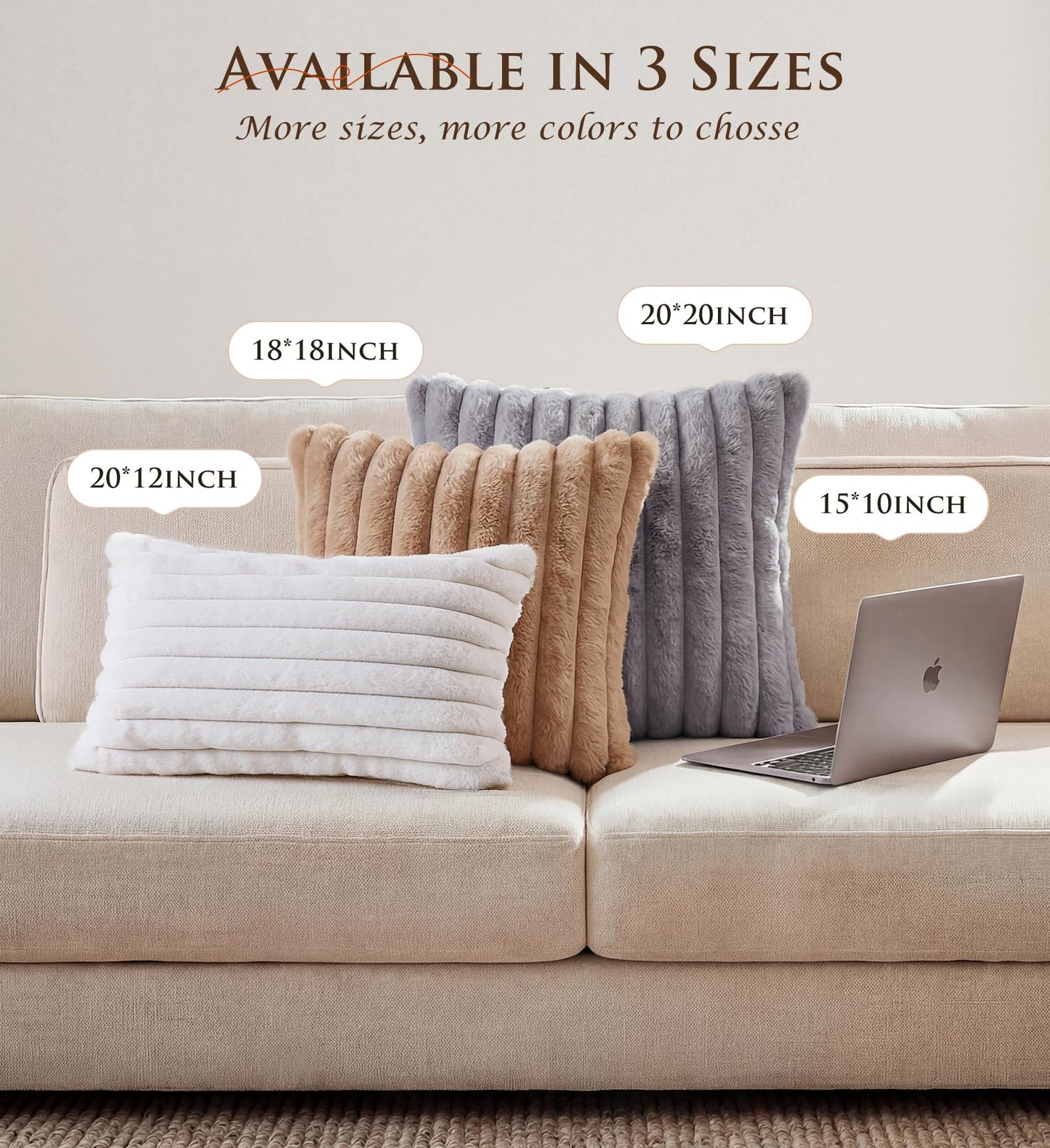 MEGAYES Set of 2 Decorative Throw Pillow Covers 18x18 Faux Fur, Soft Plush Striped Square Couch Cushion Cases with Velvet Back for Sofa Bed Living Room Modern Farmhouse Boho Euro, Neutral White