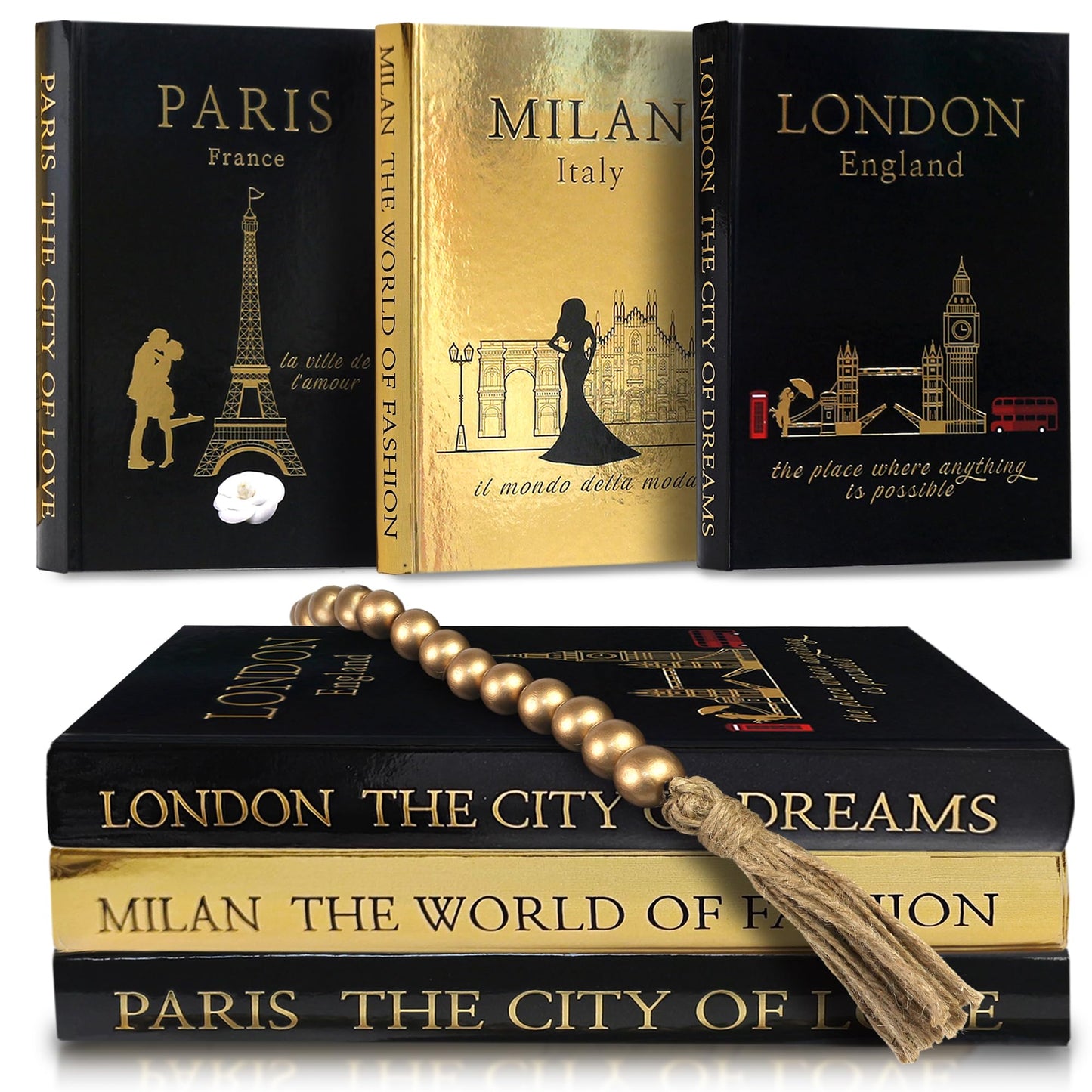 SIMPLIFY ASTHETIC - Decorative Books Set of 3 with Golden Garland Bead - Decorative Books for Coffee Table, Home Decor - Designer Books Decor Set - Faux Books for Bookshelf