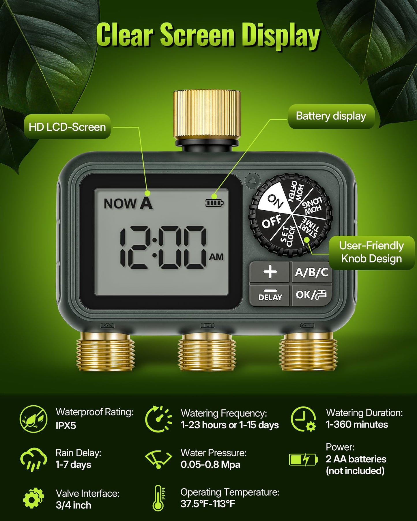 WILAWELS Brass Sprinkler Timer with Swivel, Programmable Water Timer for Garden Hose with Auto/Manual/Rain Delay Watering, Digital Irrigation System Kit,for Garden, Yard, Lawn 3 Outlet F13WT06