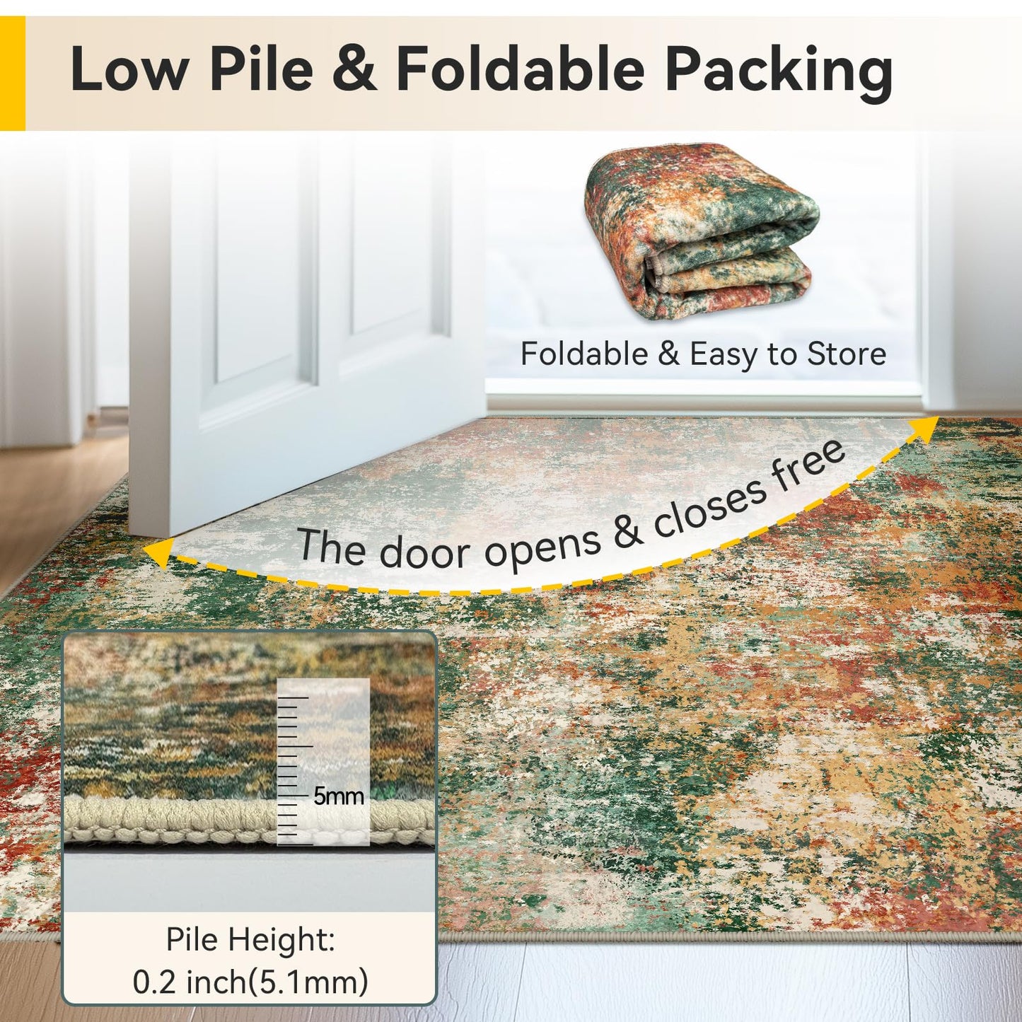 RELEANY Washable Area Rugs 5'x7' Non-Slip Modern Abstract Soft for Living Room Entryway Bedroom Nursery, Print Pattern, Green Orange Rust Red Cream Colorful