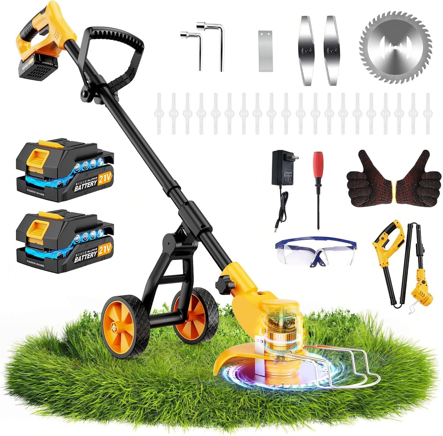 Electric Weed Wacker Cordless with Wheels,Electric Weed Eater Battery Powered 4000mAh,4 in 1 Grass Trimmer/Brush Cutter/Grass Edger/Small Lawn Mower,No String Trimmer with Blade, 2 Battery (Yellow)