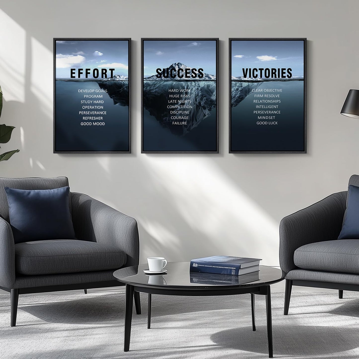 Framed Motivational Wall Art for Office Decor, Set of 3 Inspirational Modern Iceberg Canvas Wall Art Prints, Navy Blue Effort Success Victory Quotes for Home Office Gym Wall Decor, 16x24