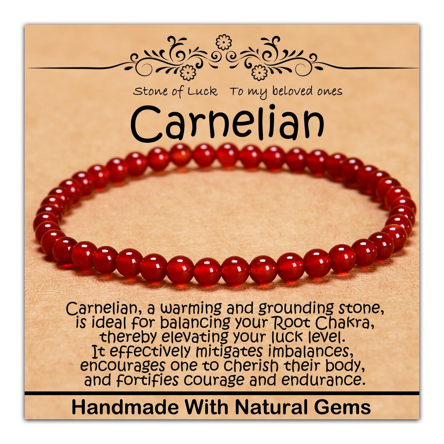 CHCCOYE 4mm Natural Healing Gemstone Bracelet Handmade Yoga Stretch Elastic Bracelet Stress Relief Crystal Jewelry for Men and Women (4mm, Carnelian)