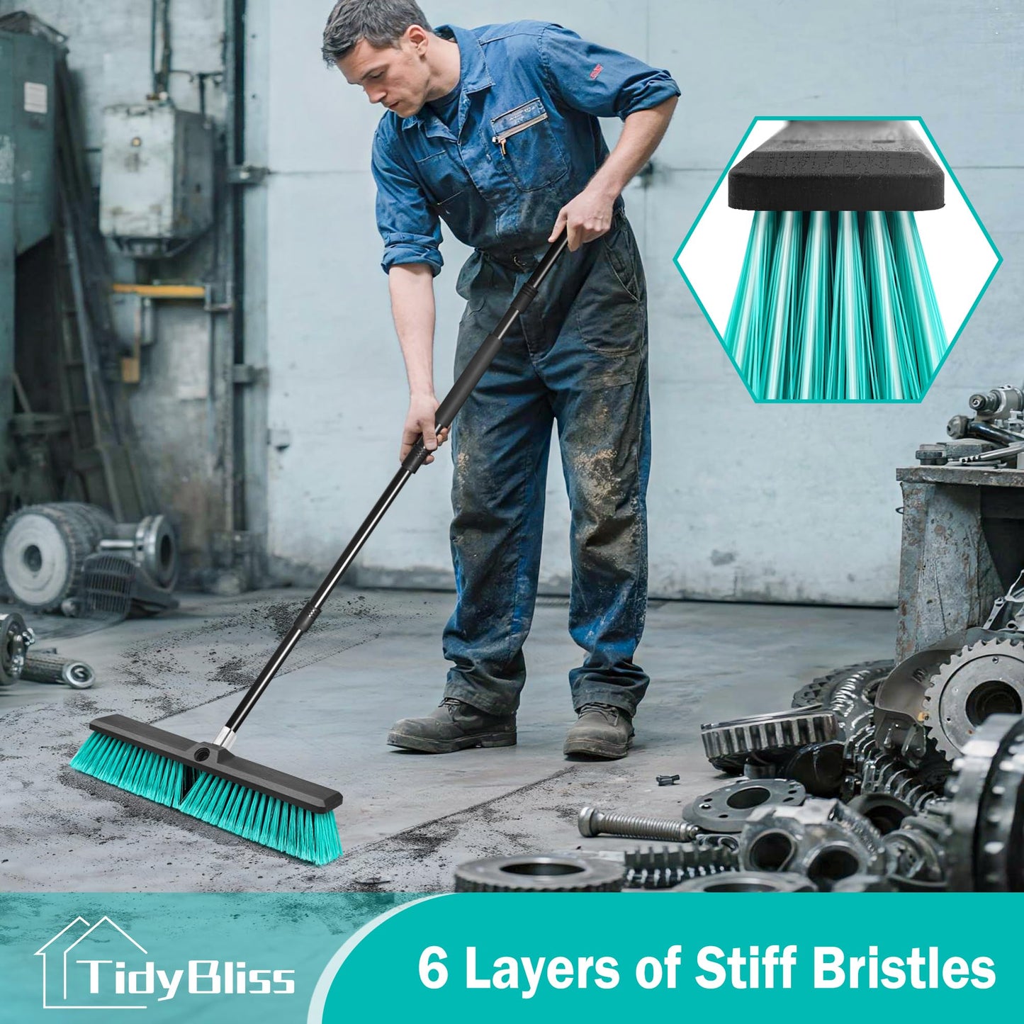 TidyBliss 18” Push Broom Outdoor Heavy Duty, Large Commercial Stiff Bristle Brush with 63 inches Long Handle for Garage Shop Garden Yard Patio Deck Street Warehouse Lawn Driveway (Green)