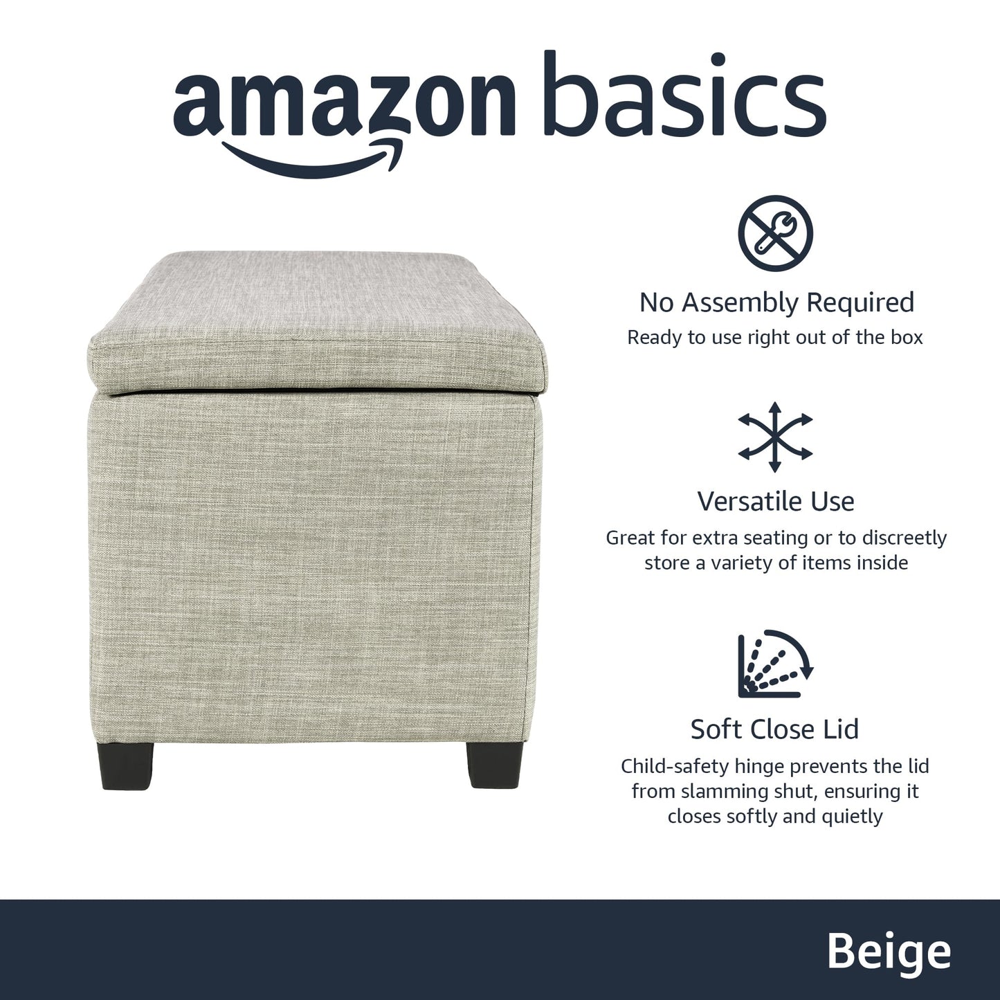 Amazon Basics Upholstered Storage Rectangular Ottoman and Entryway Bench, Polyester, Beige, 35.5"W x 16.5"D x 17"H