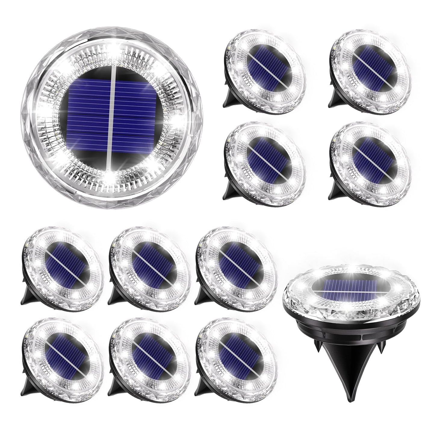 Krinzitt 12 Pack Mini Solar Powered Ground Lights, Bright LED Solar Lights Outdoor Waterproof for Landscape Decoration, Pathway Lighting for Garden Walkway Driveway（Cool White）