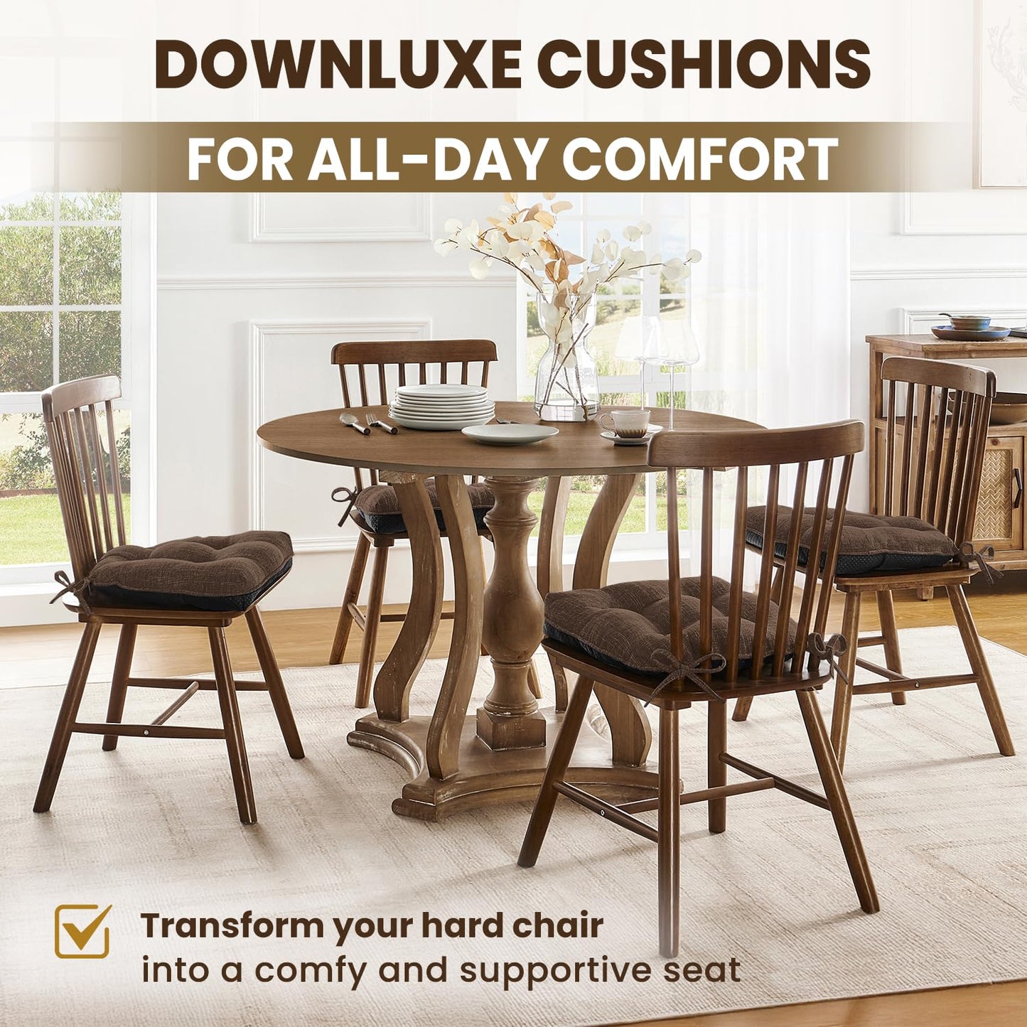 downluxe Indoor Chair Cushions for Dining Chairs, Tufted Overstuffed Textured Foam Kitchen Chair Pads with Ties and Non-Slip Backing, 15.5" x 15.5" x 4", Brown, 4 Pack