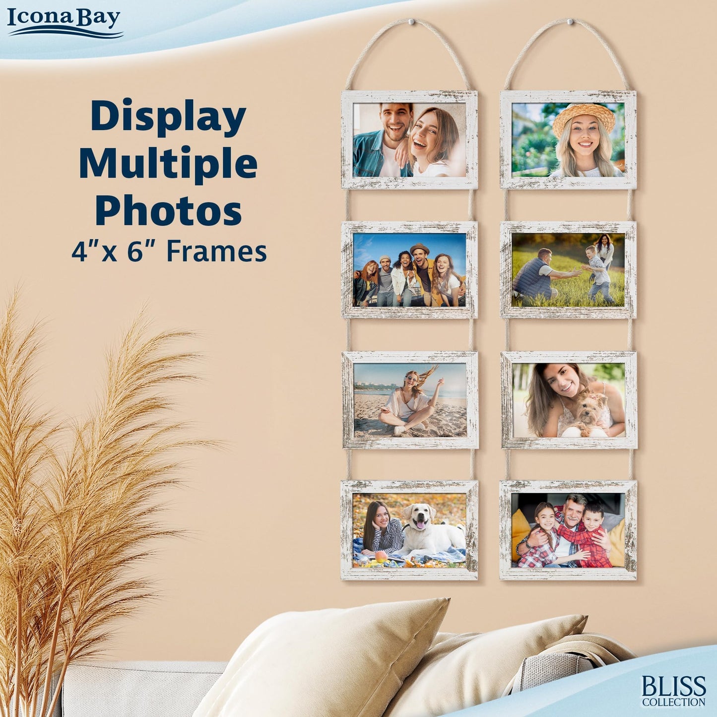 Icona Bay - 4x6 Wall Hanging Picture Frames Collage with 8 Openings - Distressed White, 2 Pack - Casual Style Engineered Wood Frames - Wall Mount Only - Bliss Collection
