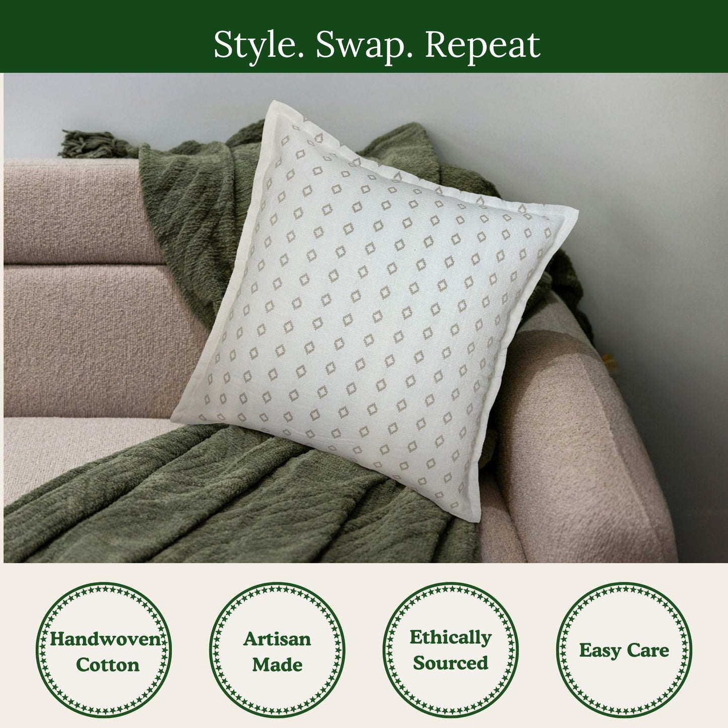 SanVia Cotton Throw Pillow Covers 20x20 – Handwoven Jacquard Texture, Fade-Resistant, No Pilling – Hidden Zipper, Decorative Cushion Cover for Sofa, Couch, Bed – Insert Not Included (Geometric, White)