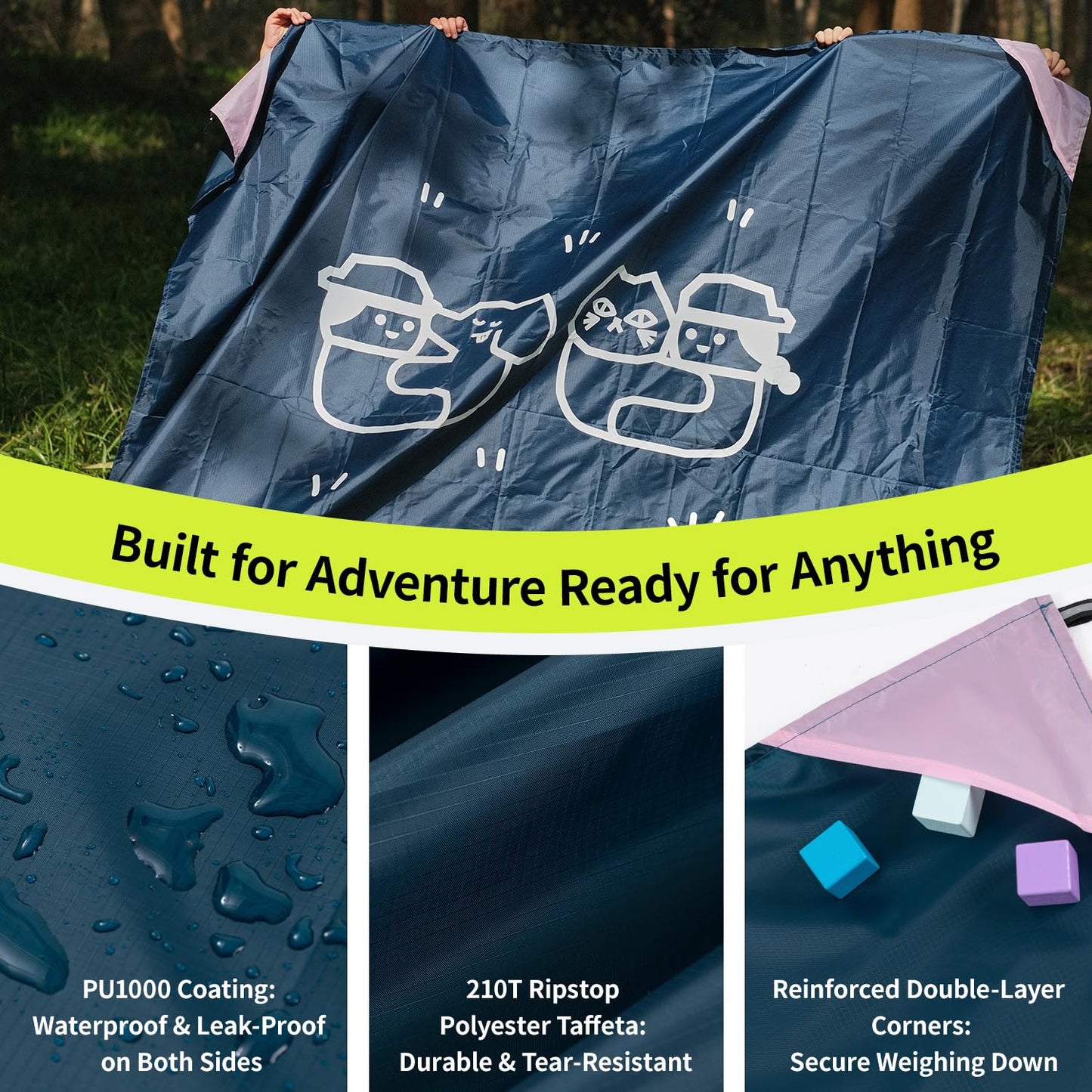 morning deer 65"x60" Lightweight Packable Picnic Mat & Canopy 2-in-1 Double-Sided Waterproof Groundsheet with 4 Tarp Stakes Camping Moisture-Proof Mat Lawn & Beach Mat for Backpacking, Beach, Park