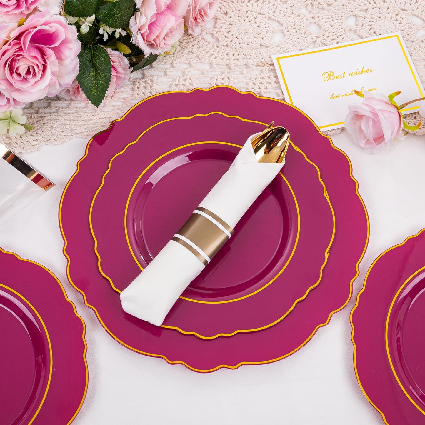 Liacere 350PCS Red Plastic Plates-Disposable Burgundy Red and Gold Plates 50guest Baroque Plastic Dinnerware include 100Plates, 50Pack Pre Rolled Napkins with Silverware 50Cups for Wedding&Mothers Day