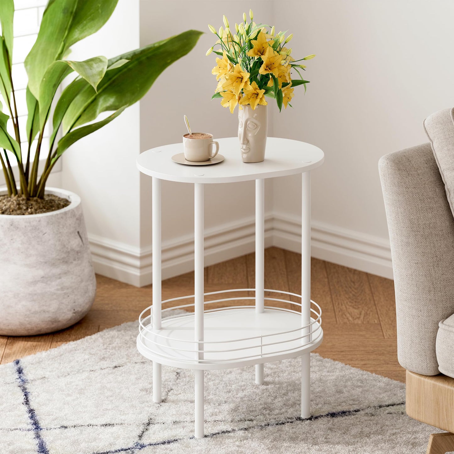 Small Modern Oval Side Table with Storage,2-Tier Side Tables Living Room,Sturdy Nightstand for Small Space - Living Room, Bedroom, Bathroom, Nursery (1PC,White)