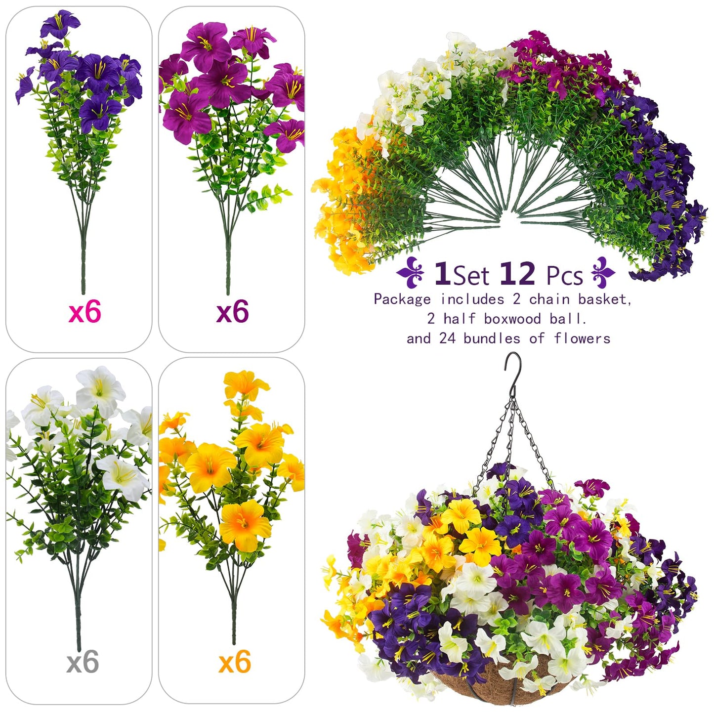 2 Set Artificial Outdoor Flowers with Hanging Baskets,24 Pcs UV Resistant Faux Petunias Flowers with Hanging Planter for Front Door Porch Spring Outside Decor (2, White,Yellow,Purple,RedViolet)