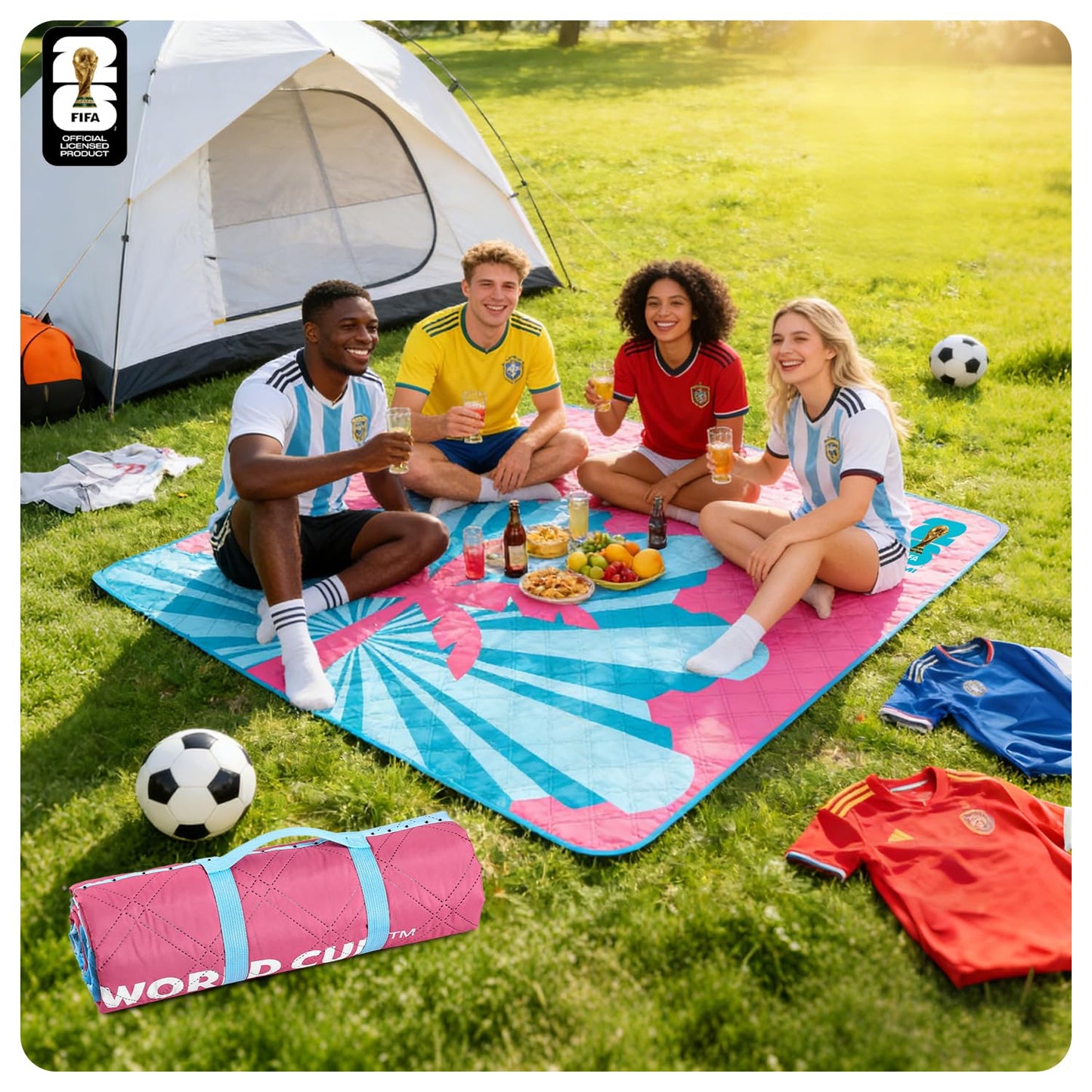 MESUCA FIFA World Cup 2026 Outdoor Trophy Picnic Blanket - Official FIFA World Cup 2026 Merchandise - 75"x80"Extra Large Waterproof Picnic Mat - Foldable Beach Blanket for Outdoor, Camping, Party