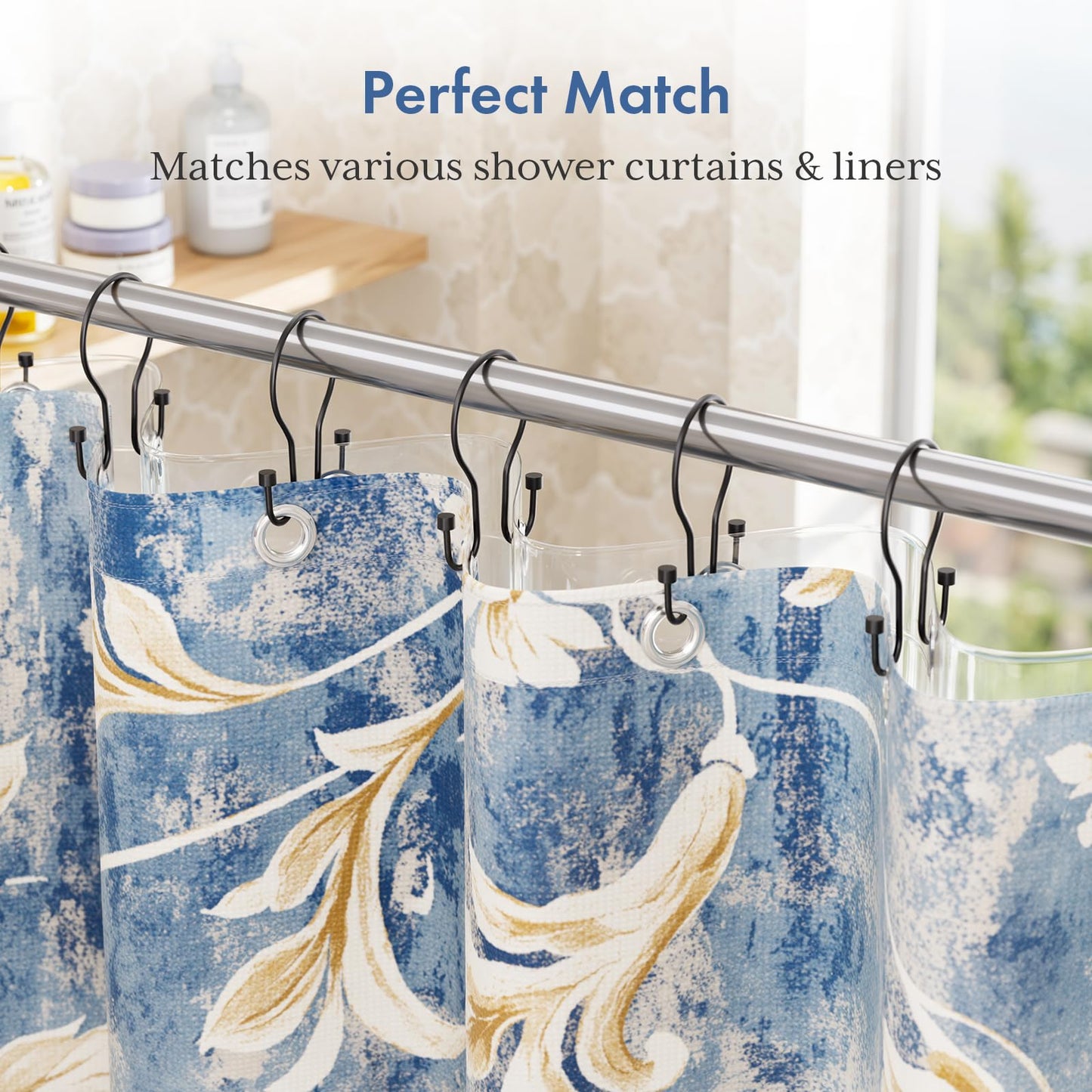 Bathway Shower Curtain Hooks Black Shower Curtain Rings, Simple Double Hook Shower Curtain Hooks Rust Proof, Smooth Sturdy Metal Shower Hooks for Shower Curtain Rod, 12Pcs Shower Rod Hooks