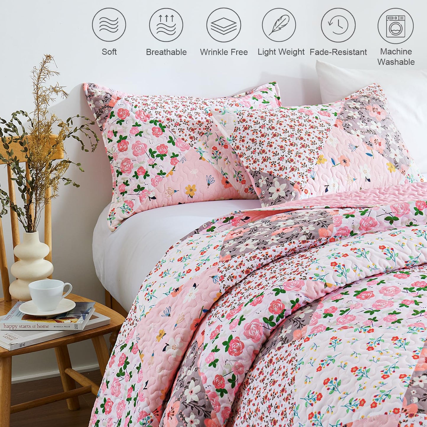Whale Flotilla Patchwork Quilts Queen Size, Extra Soft Boho Floral Bedspreads for Bed Reversible Lightweight Full Queen Quilt Bedding Set Printed Coverlets with 2 Pillow Shams for All Seasons, Pink
