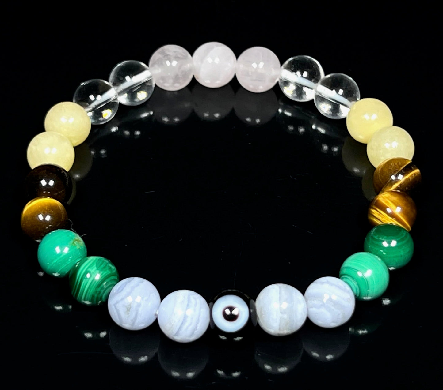 Awaken Your Kundalini Crystals For Happines - Beaded Bracelet - Malachite Tiger's Eye Calcite Blue Lace Agate Rose Quartz Evil Eye - Heart Chakra Stones, Happy Bracelet, Crystals for Joy