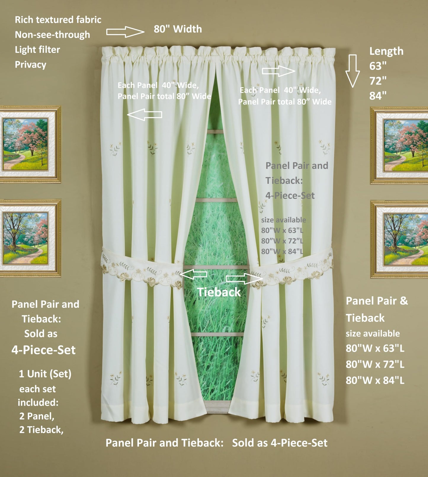 Today's Curtain Verona Reverse Embroidery Panel Pair and Tiebacks, 63", Ecru/Antique, 80" W X 63" L