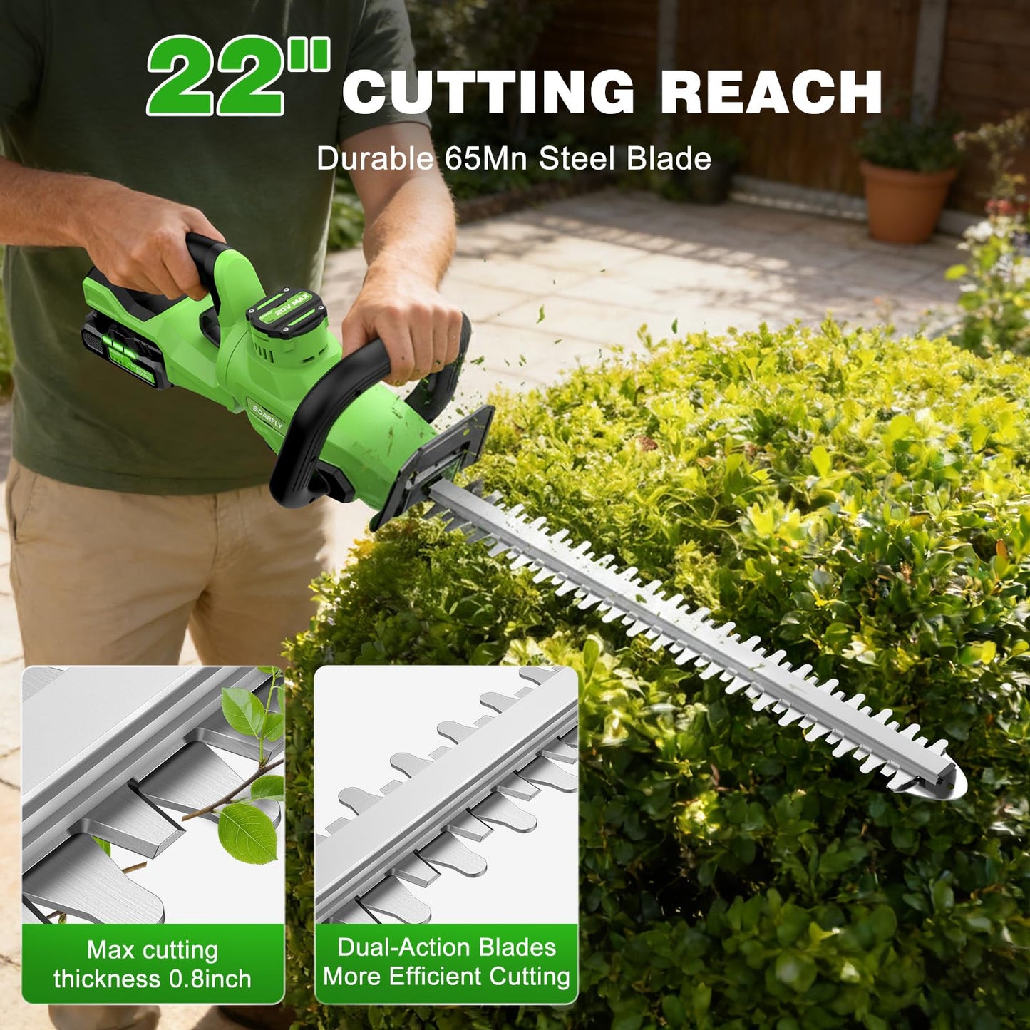 22'' Hedge Trimmer Cordless with Battery 2×2.0Ah, SOARFLY 3000RPM 180° Rotatable Handle Electric Hedge Trimmer, Dual Safety Lock 20V Powerful Bush Trimmers Tree Trimmer for Garden Lawn Yard Pruning