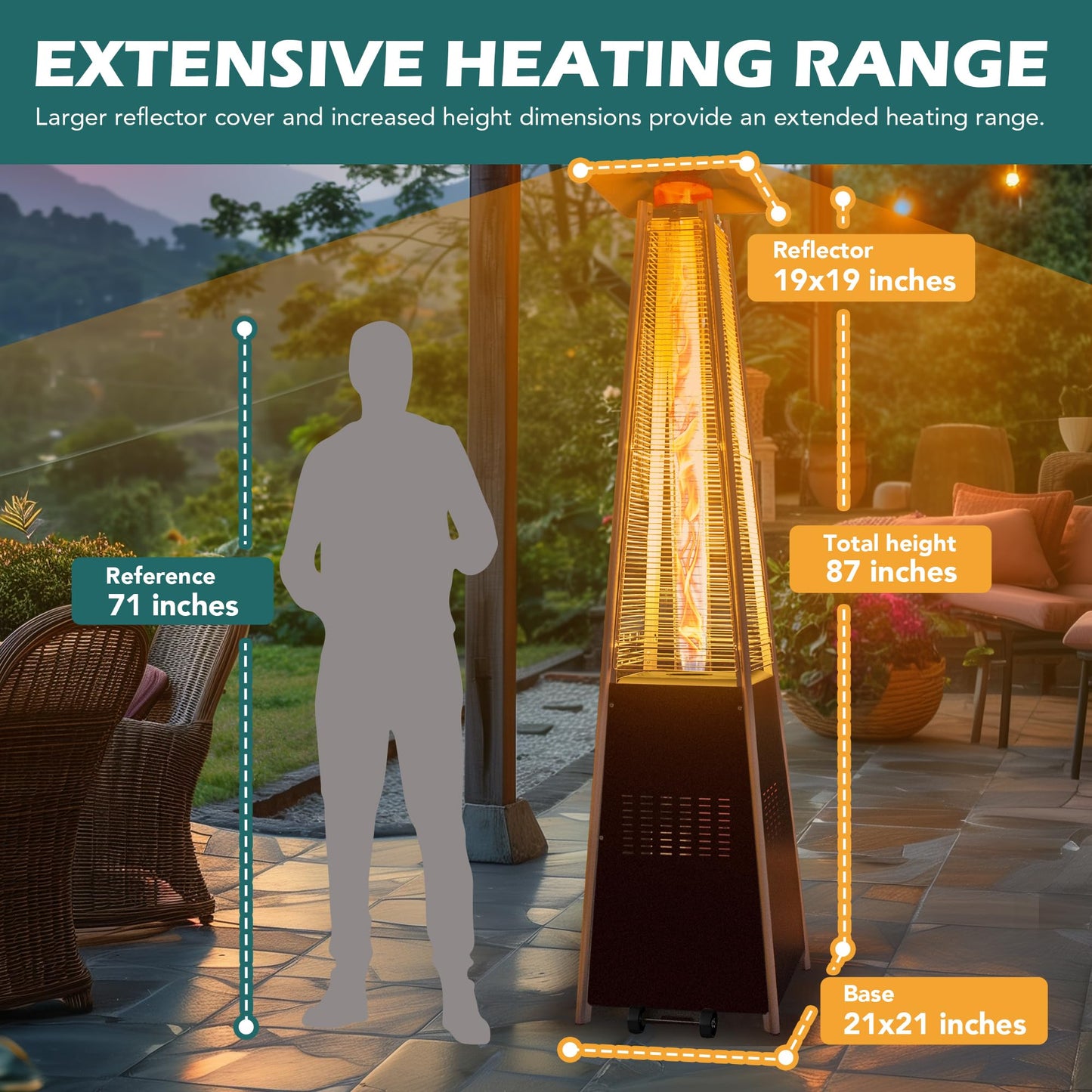 PATIOPIA 48,000 BTU Flame Pyramid Pool Heater With Cover, Triple Safety Protection Portable Patio Heater with Patio Cover, Warm Glass Tube with Durable Wheels-Brown