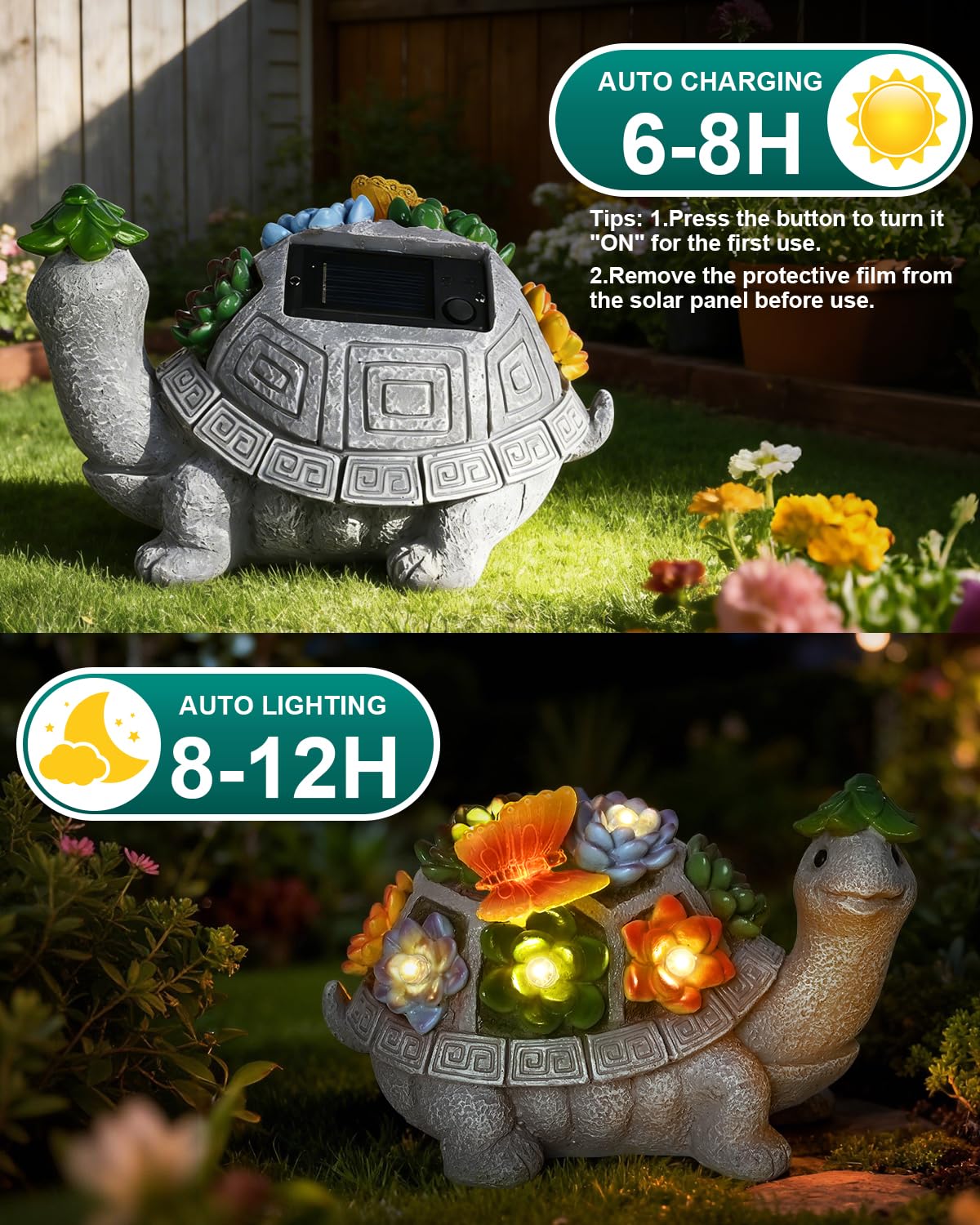 VMANYFIRE Solar Turtle Garden Statue with Butterfly, Succulent & LED Lights, Lawn Ornament for Yard Patio Porch Balcony, Outdoor Decor Figurine - Gifts for Mom Grandma Women