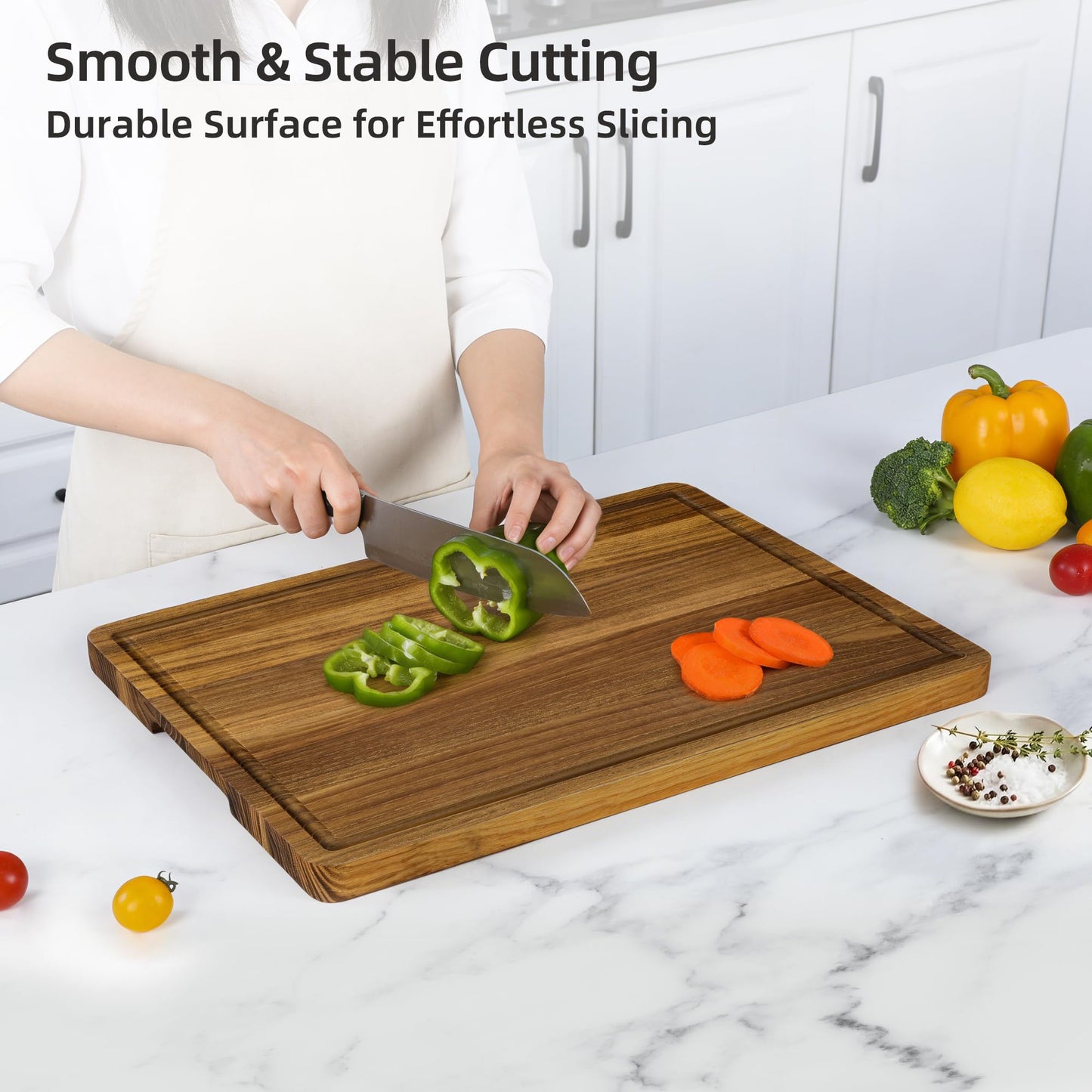 Teak Wood Cutting Board for Kitchen, Wooden Cutting Board with Juice Groove and Handles, Chopping Board Butcher Block for Meat, Vegetables, Bread and Cheese, 15.8 x 11 x 0.8 inch