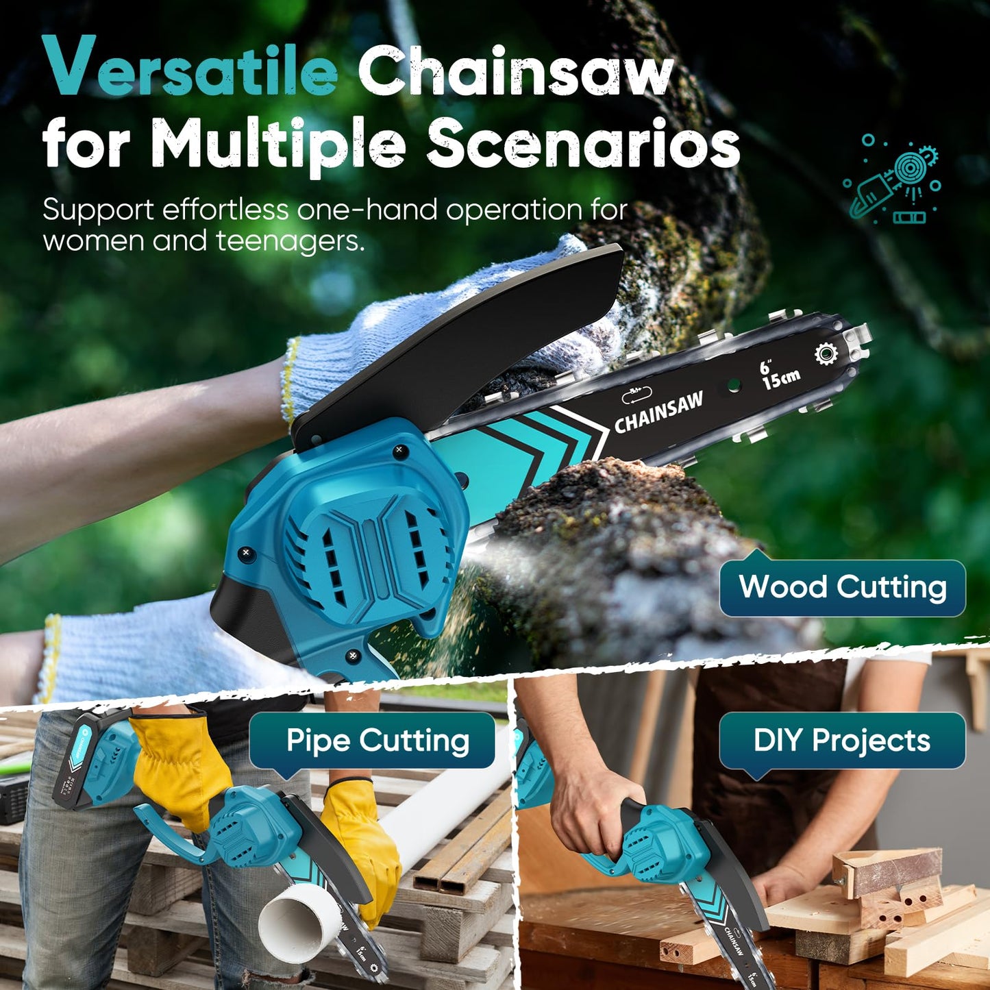 Mini Chainsaw- 6 Inch Electric Mini Chain Saw Cordless Battery Powered One-Hand Tree Trimming Saw with 2 Batteries, Portable Gardening Gadgets for Men, Unique Birthday Gifts (Blue)