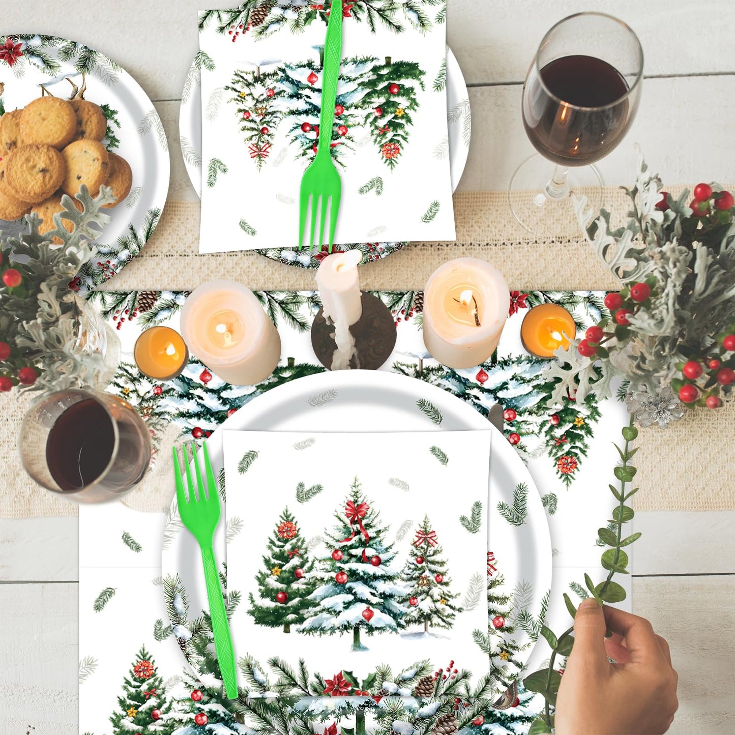 96 Pieces Christmas Tree Party Tableware Set – Holiday-Themed Disposable Plates, Napkins, and Green Forks for Christmas Dinners, Winter Parties, and Seasonal Celebrations – Serves 24 Guests