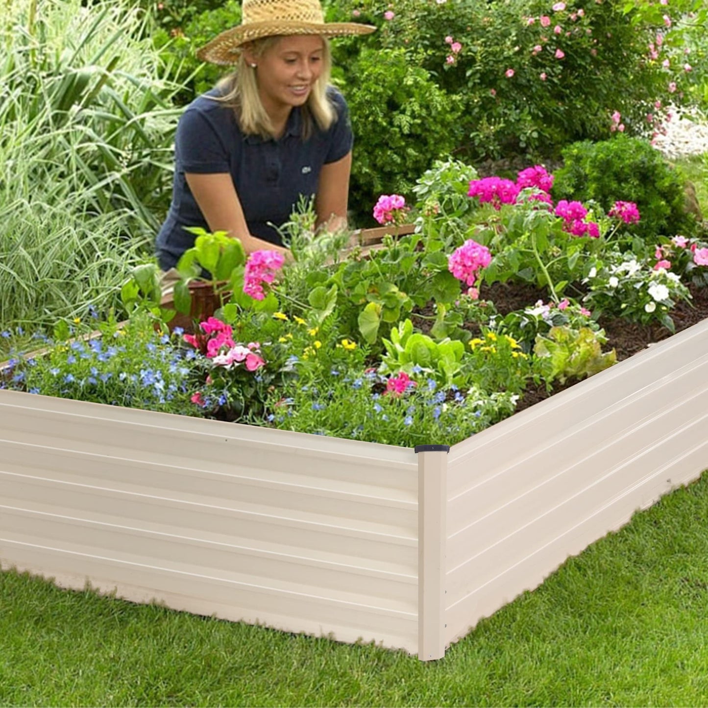 Sundale Outdoor Galvanized Raised Garden Bed Kit, 8x4x2ft Planter Raised Garden Boxes Outdoor with Anti-Rust Paint, Rectangle Metal Planter Box for Vegetables Flower（Beige）