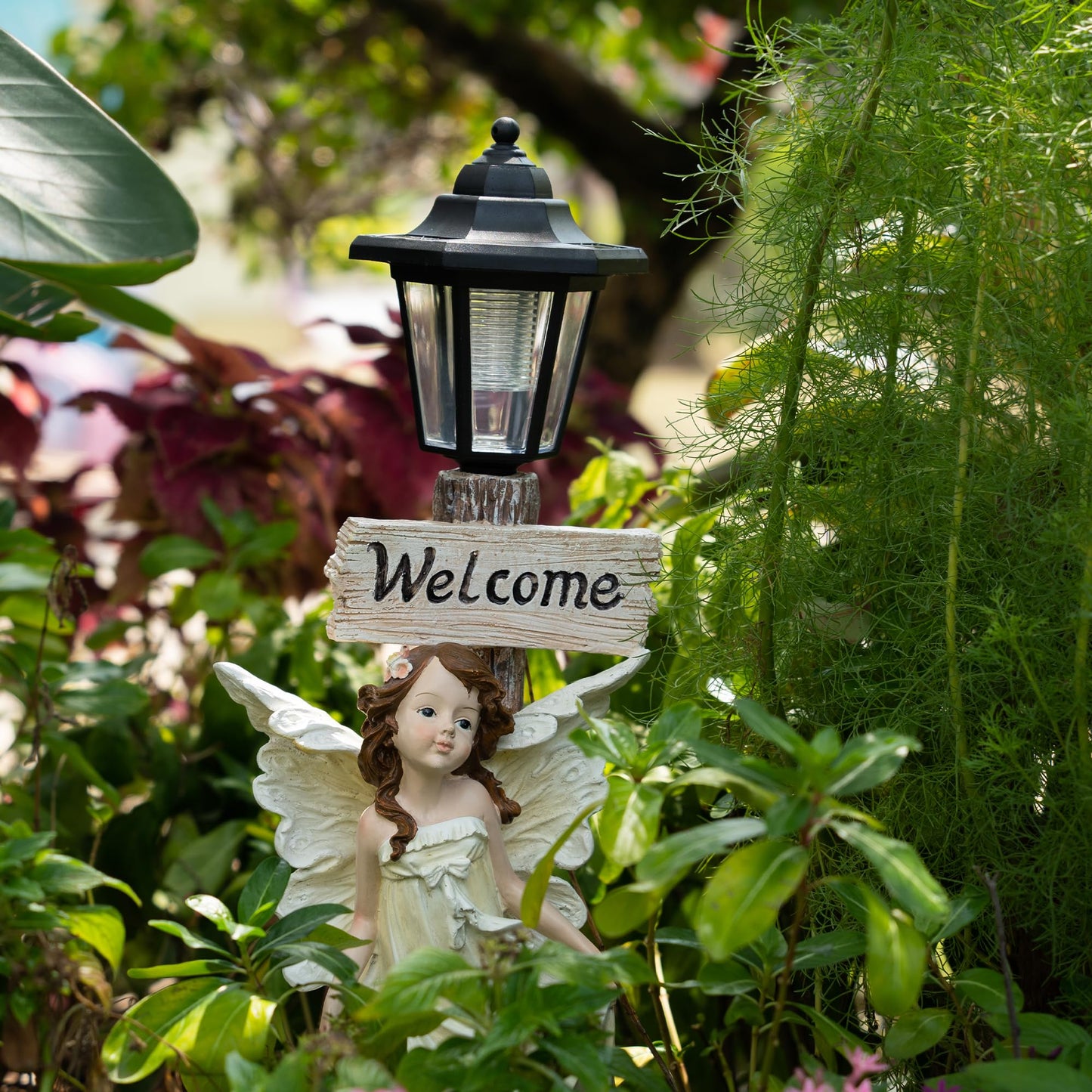 Floryden Garden Fairy Solar Light Welcome Sign, 22" in Height, Decorative Outdoor Statue with Auto Light-Up Feature
