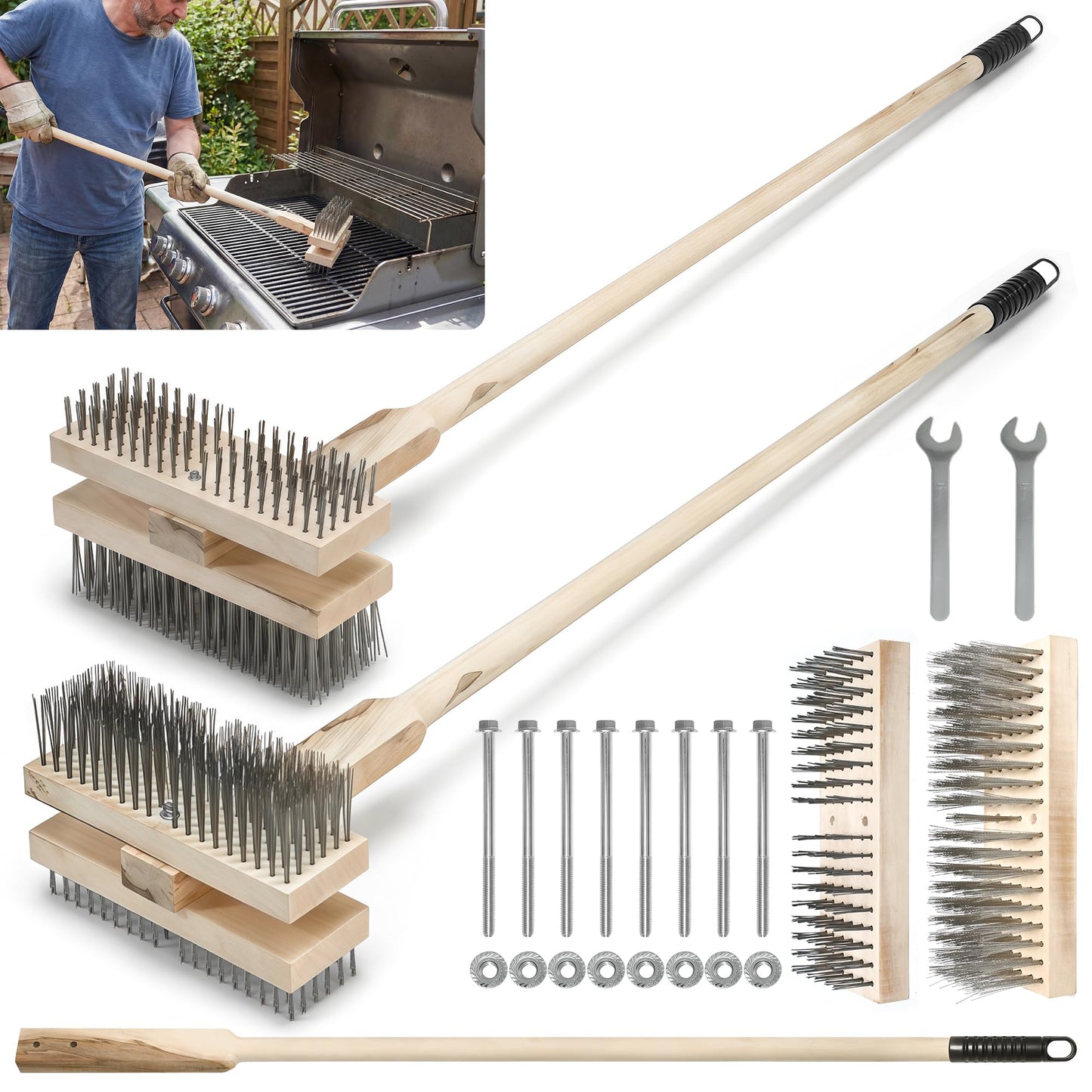 FULEIYA 2PCS 51" Stainless Steel Grill Brush for Outdoor Grill Cleaning Brush with Long Handle, BBQ Grill Brush Detachable Double Ended Wire Bristle Brush Grill with Fixing Bolts & Wrench