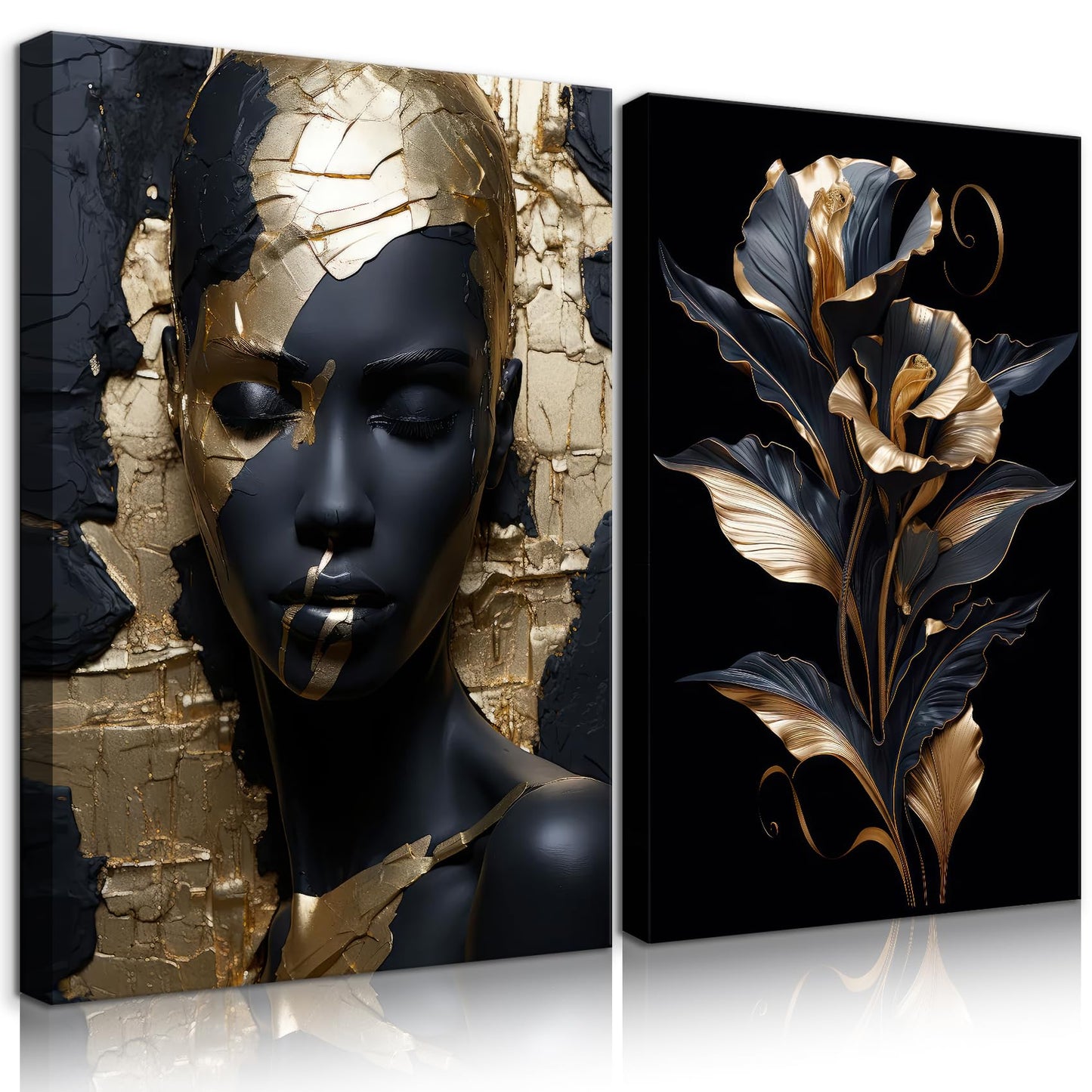 2 Pieces Black Gold African American Women Wall Art African American Wall Decor Gorgeous Woman Portrait Gold Flowers Painting Picture Prints for Bedroom Living Room Hallway Ready to Hang 12x16 Inch