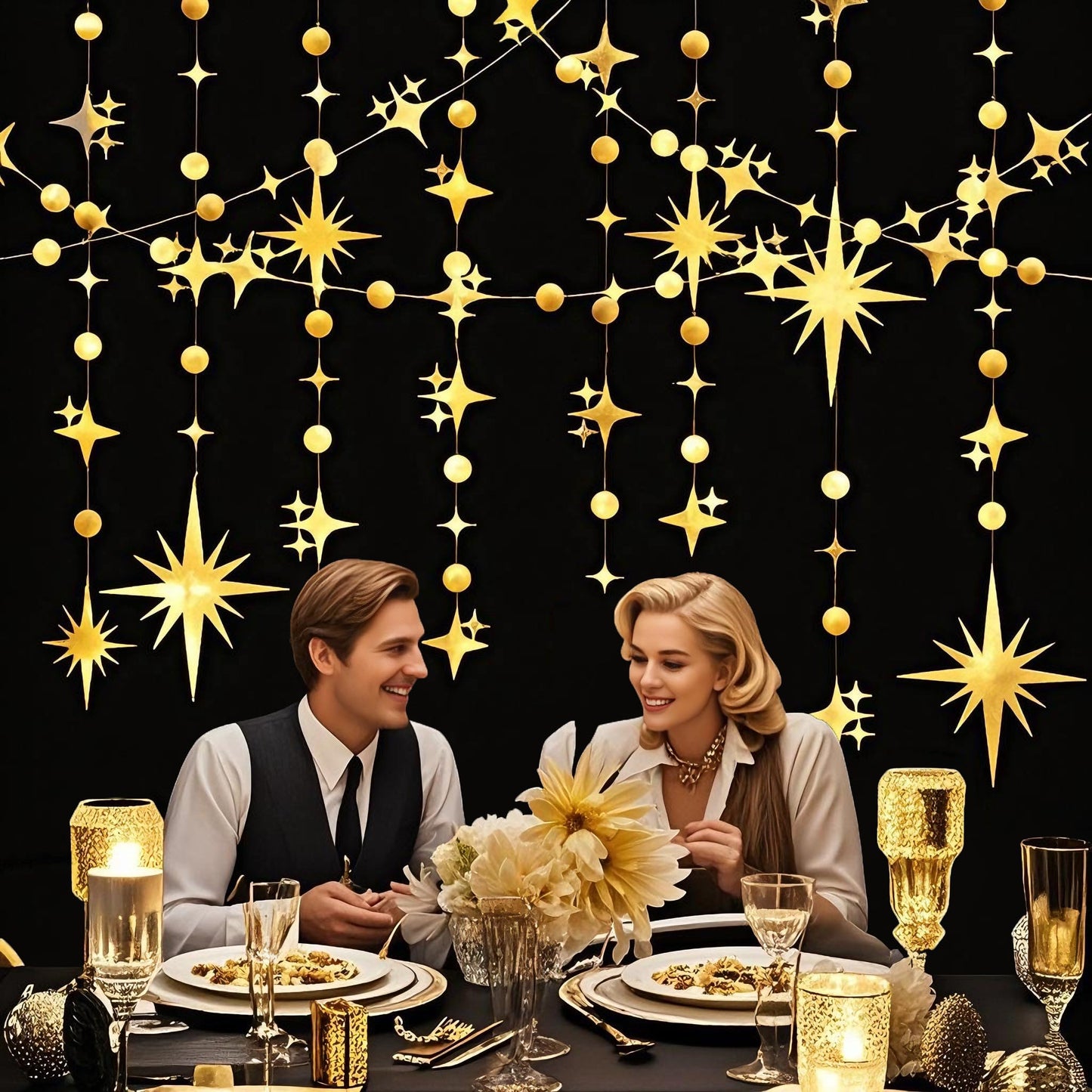 Glitter Gold Star Circle Dot Garland 30 Feet Twinkle Gold Star Circle Dot Ceiling Hanging Banner Backdrop for Birthday Wedding Baby Shower Graduation Disco Party Decorations