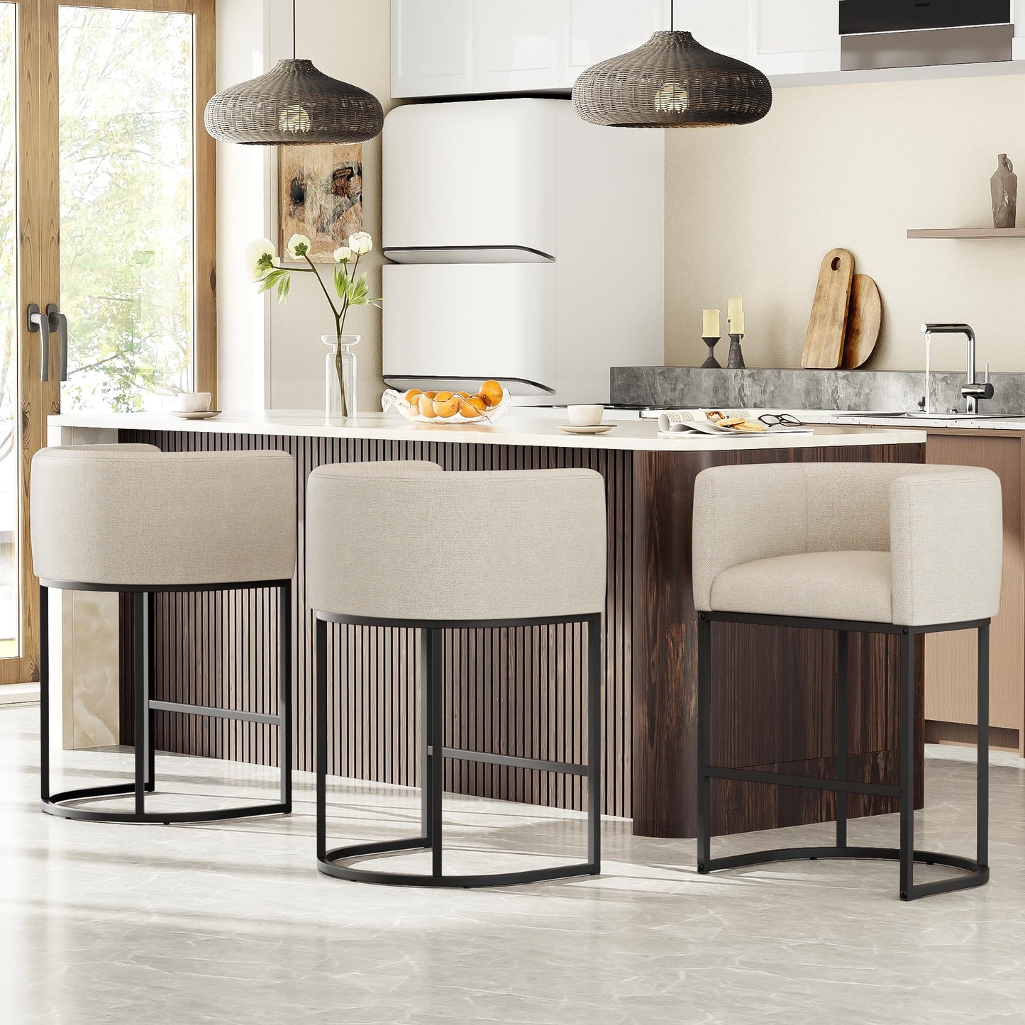 VATROS 26" H Counter Height Bar Stools Set of 2, Modern Barrel Counter Stools with Backrest and Arms, Linen Fabric Upholstered Accent Barstools for Kitchen Island,Support 450 LBS (Beige)