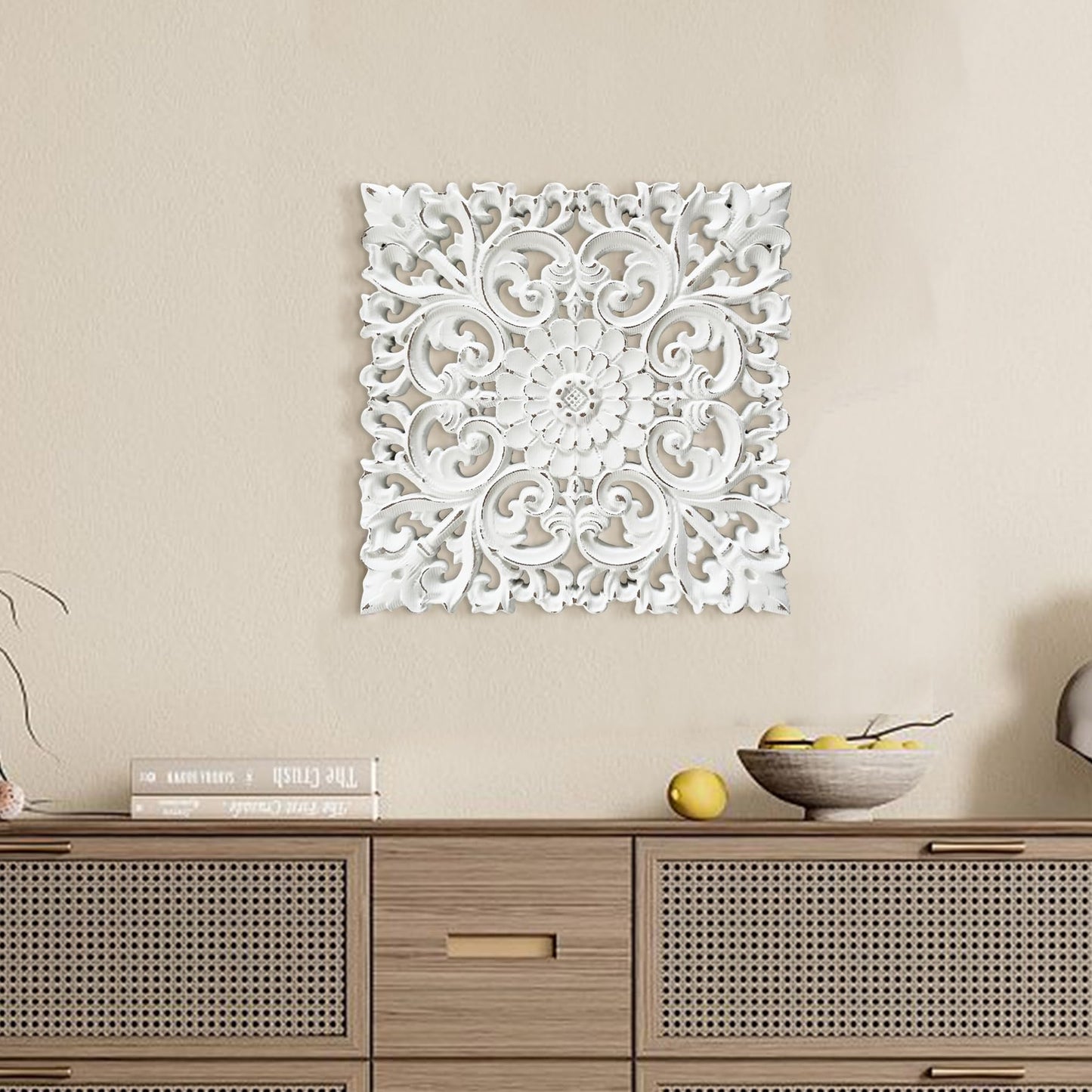 Musanpou Unique Hand Carved Wooden Wall Panels with Hanging Floral Decorations - Rustic Farmhouse Living Room and Bedroom Wall Decoration
