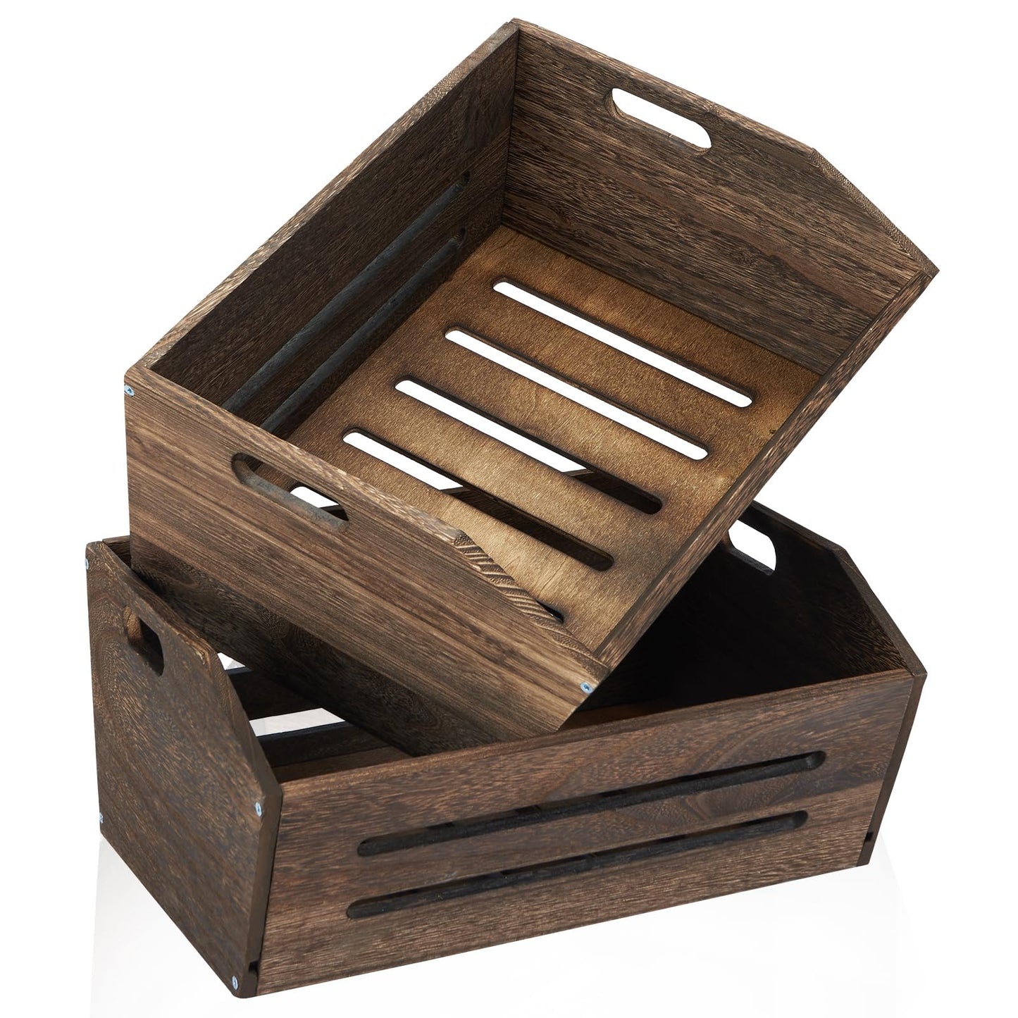 ELONG HOME Rustic Wooden Crate, 2 Pack, Brown, Large, 16.5x12.7x9 Inches, Holds Up to 45 Pounds, Decorative Farmhouse Wooden Crate Basket for Storage and Display