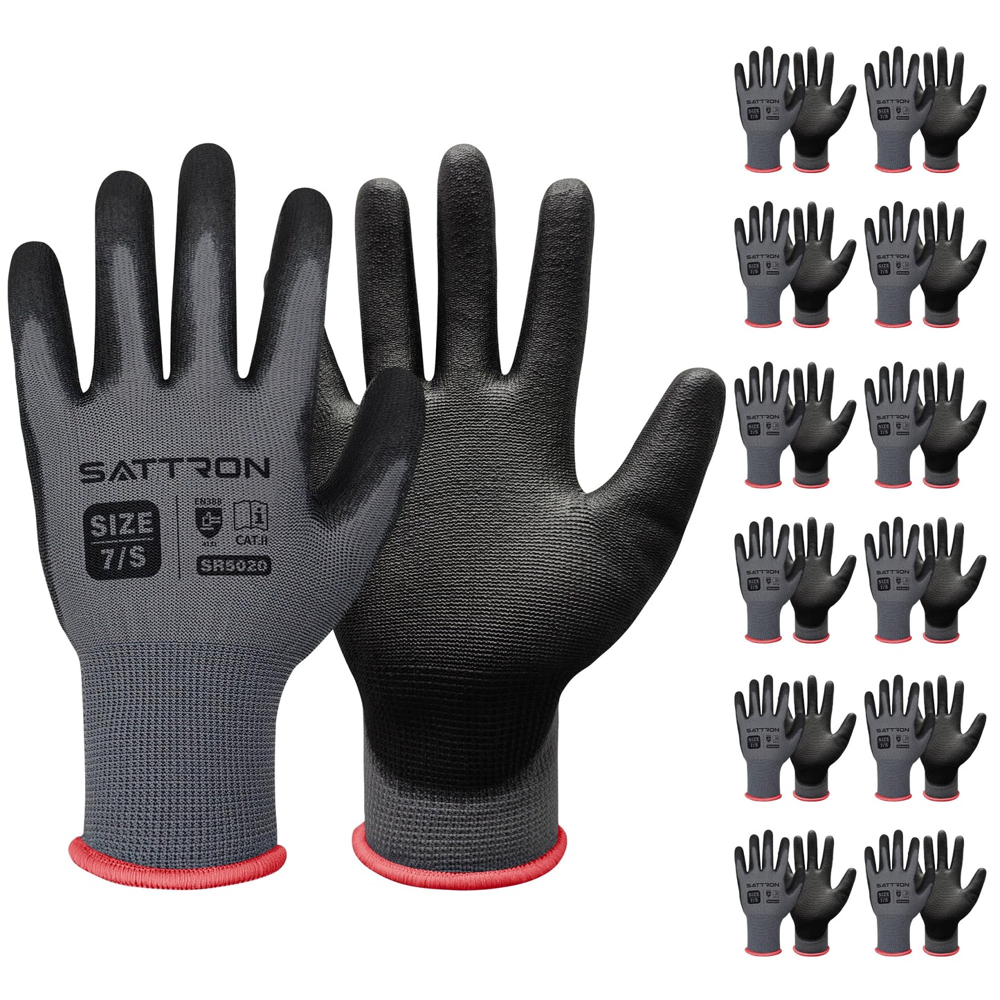 SATTRON Safety Work Gloves PU Coated, 12 Pairs Seamless Knit Gloves with Polyurethane Coating Working Gloves Excellent Grip for Men & Women, Breathable, Ideal for General Duty Work DIY ((Grey, Small)