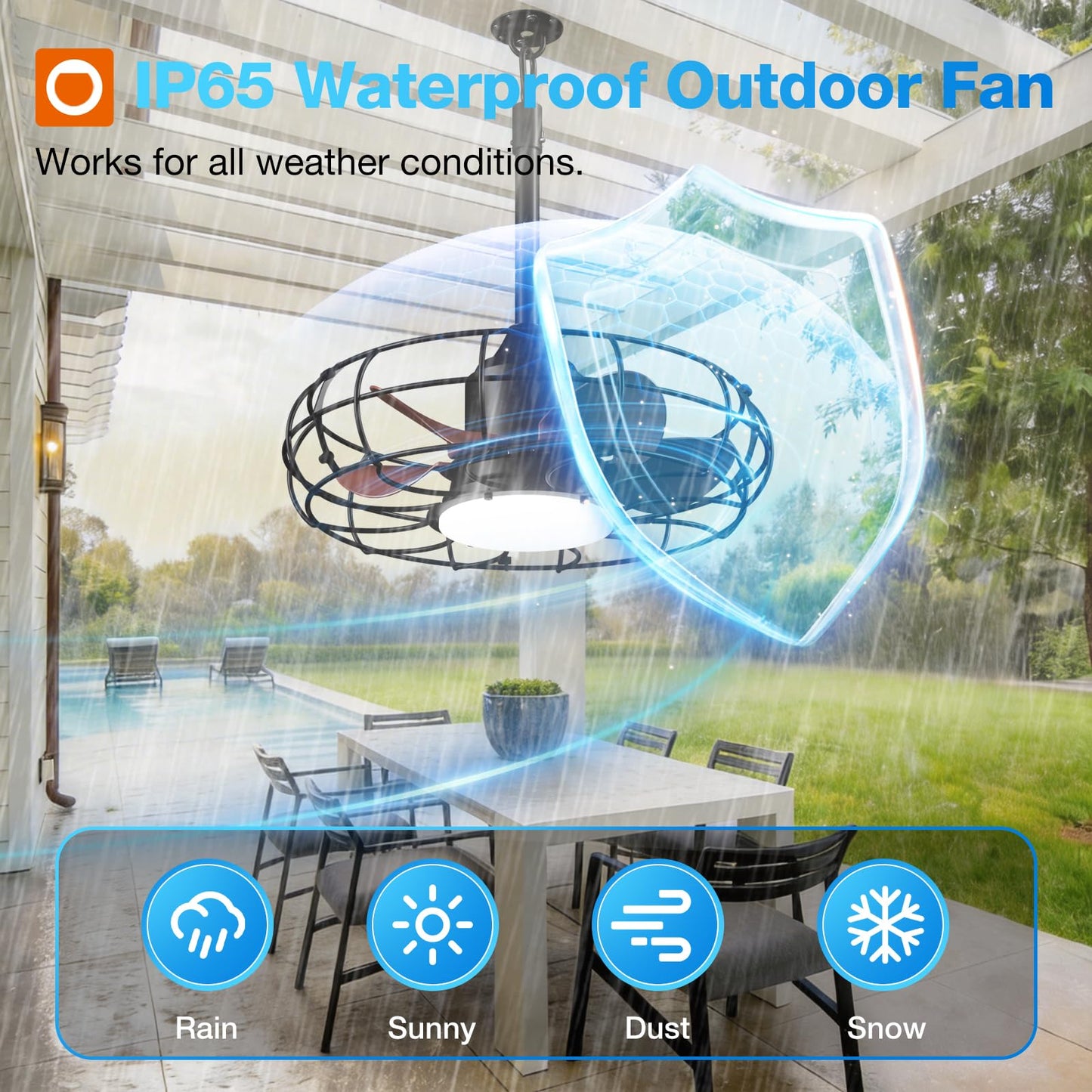 addlon 20 Inch Outdoor Ceiling Fan with Light for Patio, IP65 Waterproof Plug in Caged Hanging Fan, Remote Control, 3 CCT, 6 Speeds Reversible Outdoor Fan for Gazebo, Pergola, Porch