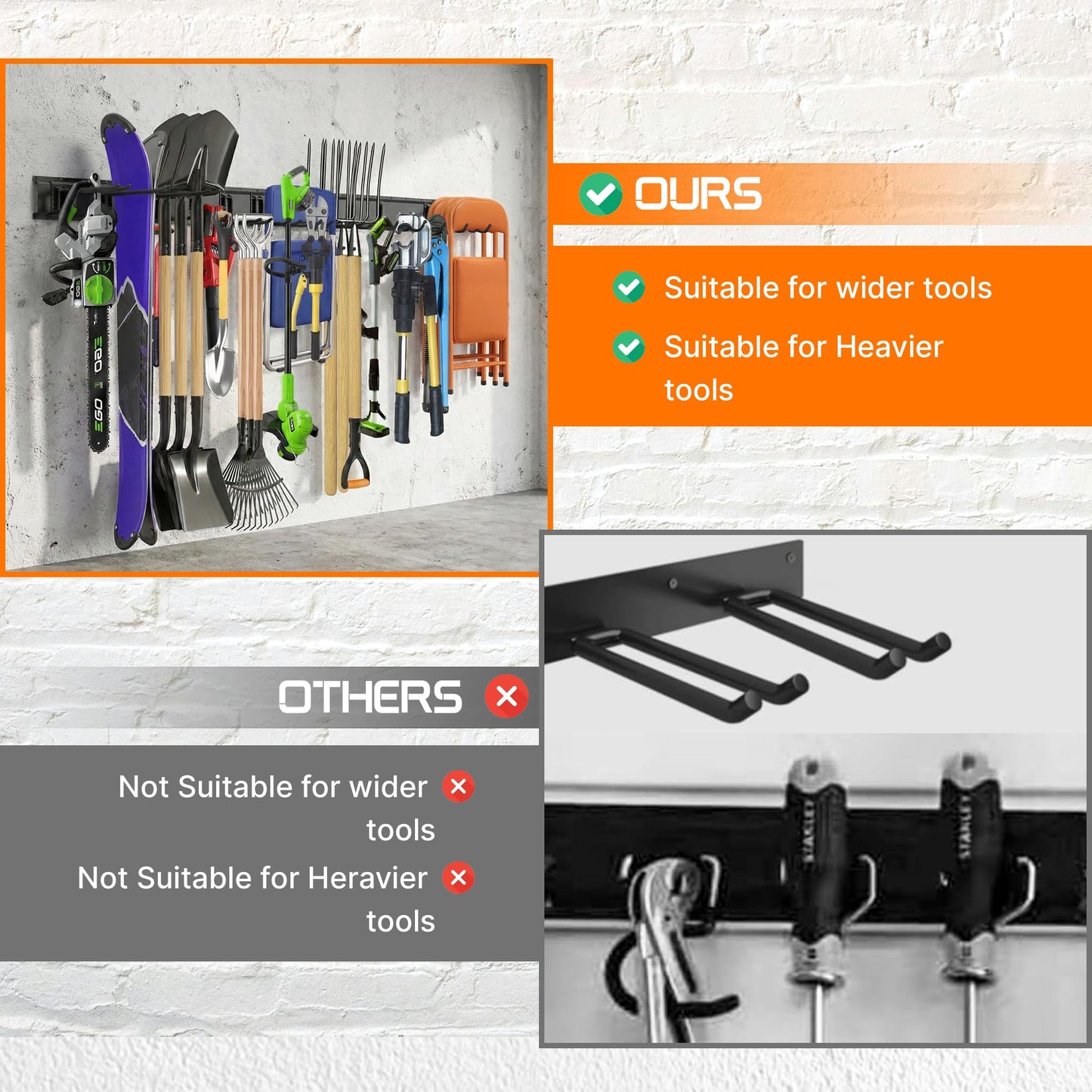 Evalote "48 Garage Tool Organizer Wall Mount - Heavy Duty 520lbs Metal Storage Rack, Easy Install Adjustable Hooks for Garden Tools Brooms