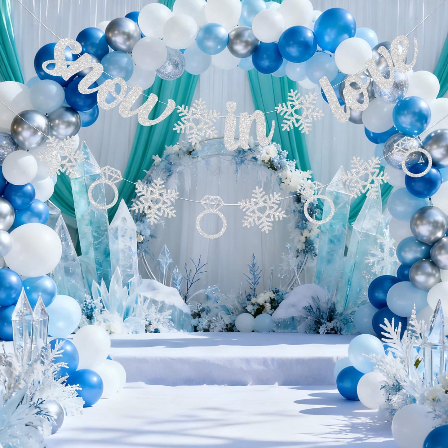 Pre-Strung Snow in Love Banner Glitter Winter Bridal Shower Decorations Banner Snowflake Ring Garland for Winter Christmas Wedding Decor Engagement Party Decorations (Silver)