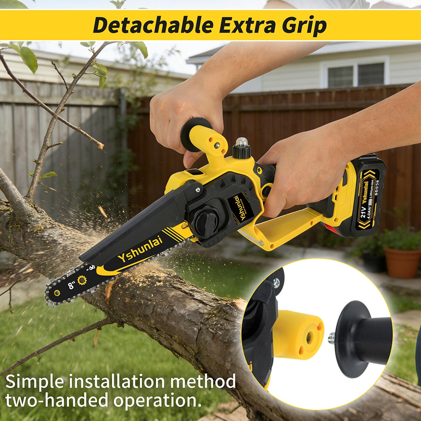 Yshunlai Cordless Mini Chainsaw 8 Inch & 6 Inch, Hand held Small Battery Powered Chain Saw with 2× 4000mAh Batteries, Brushless Electric Chainsaw for Tree Branch Trimming, Wood Cutting, Garden Work