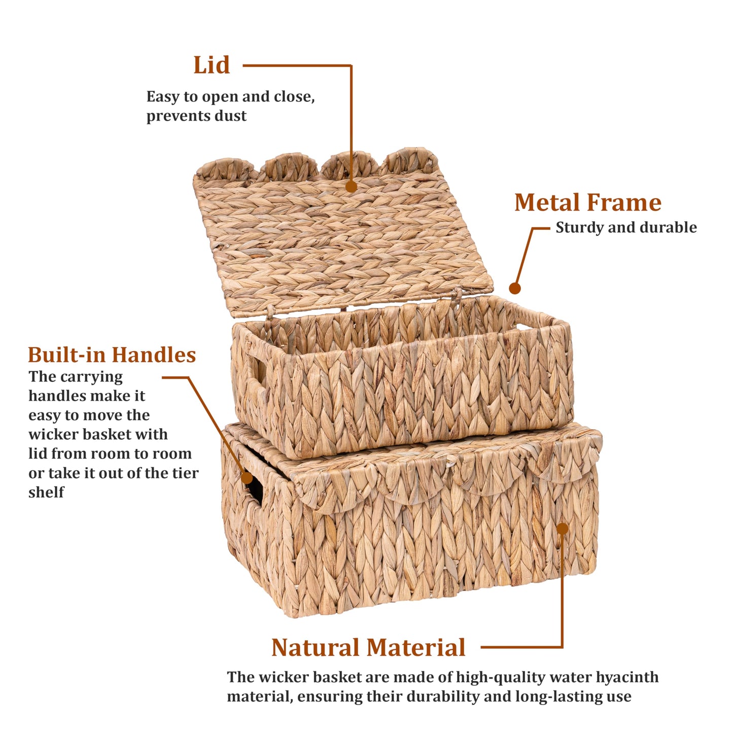 LUSYDECO Set of 2 Scalloped Edge Wicker Basket with Lids, Rectangle Wicker Storage Basket with Built-in Handles, Multipurpose Organizer Rattan Display Boxes for Shelf, Nursery Room