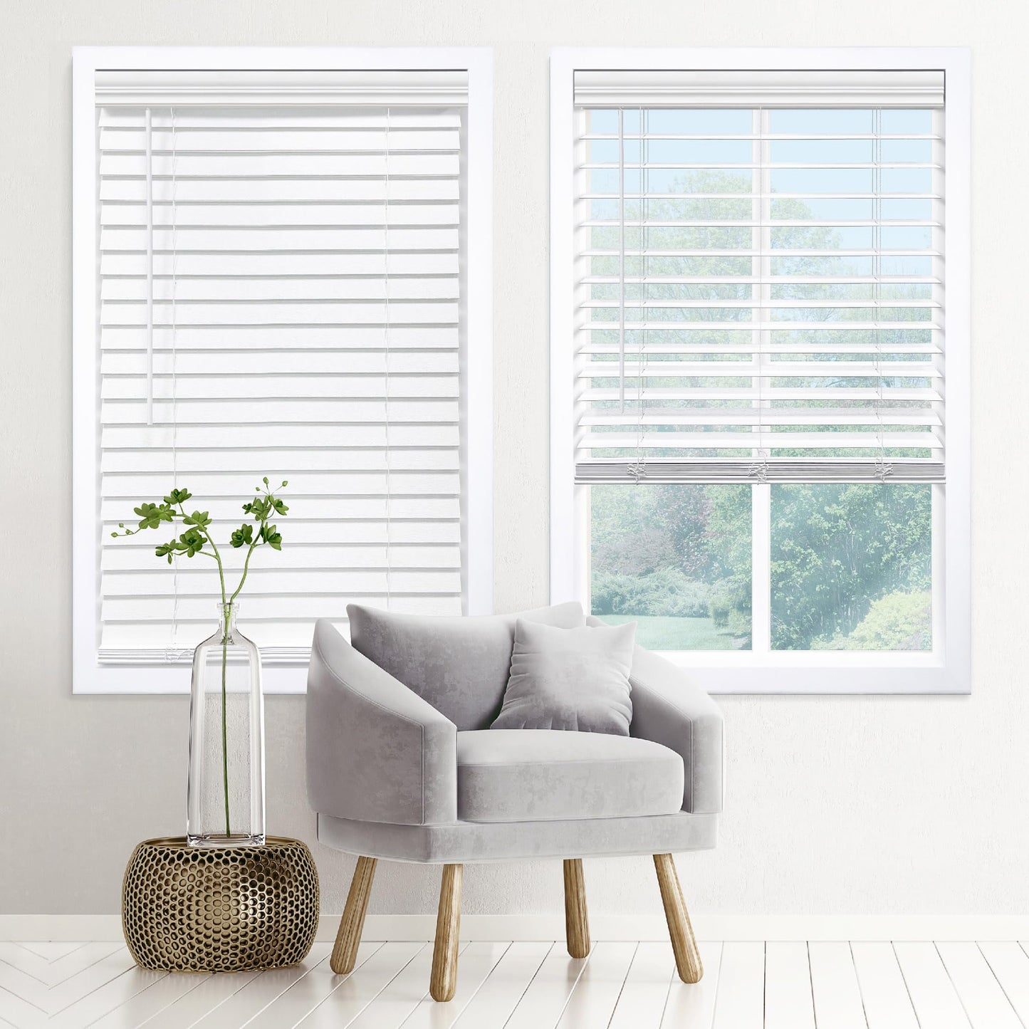 DEZ FURNISHINGS Cordless 2" Signature Faux Wood Blind, 30" W x 48" H, Embossed White
